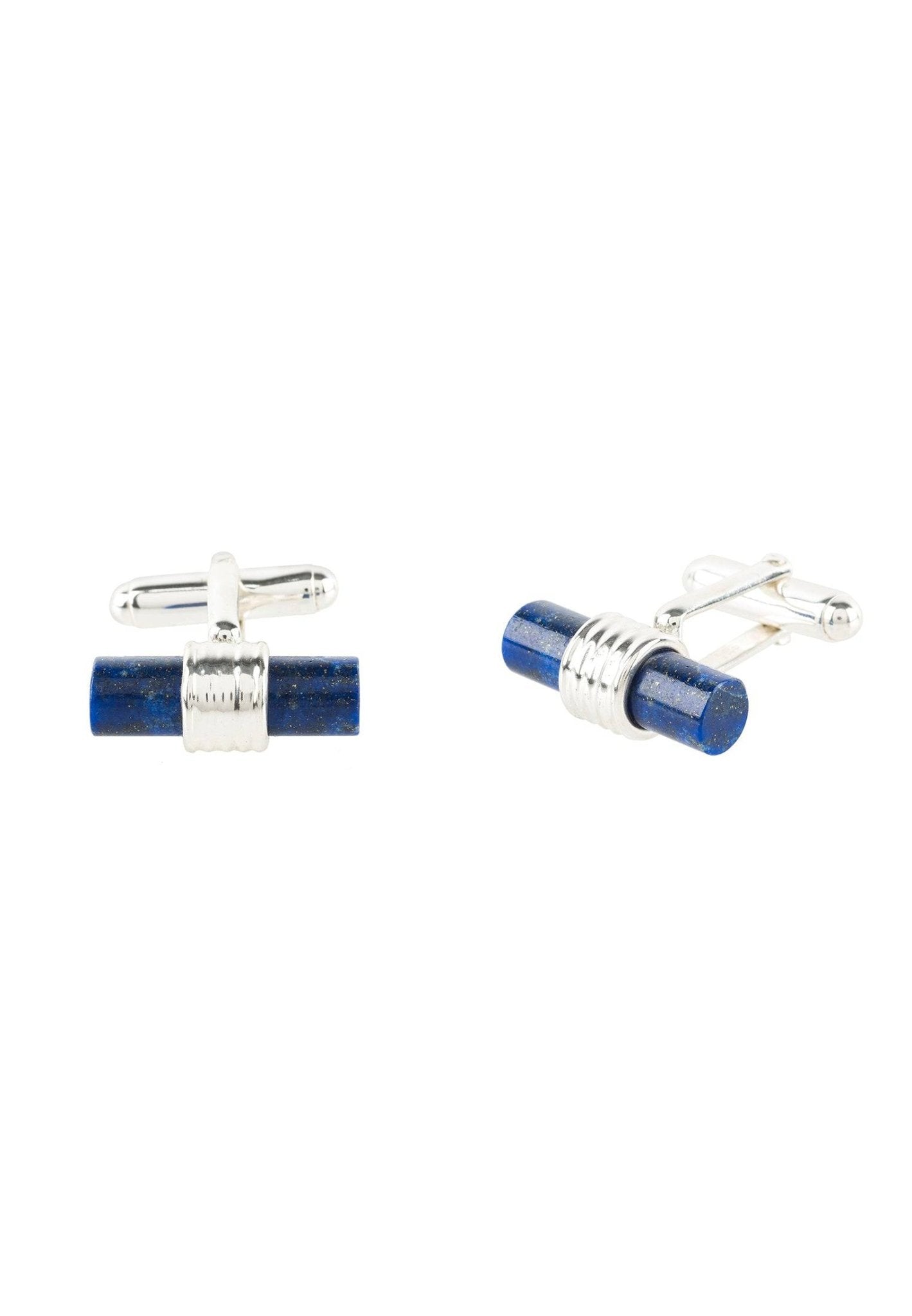 Cylindrical cufflinks made of 925 sterling silver featuring a blue lapis lazuli gemstone, showcasing an elegant art deco design.