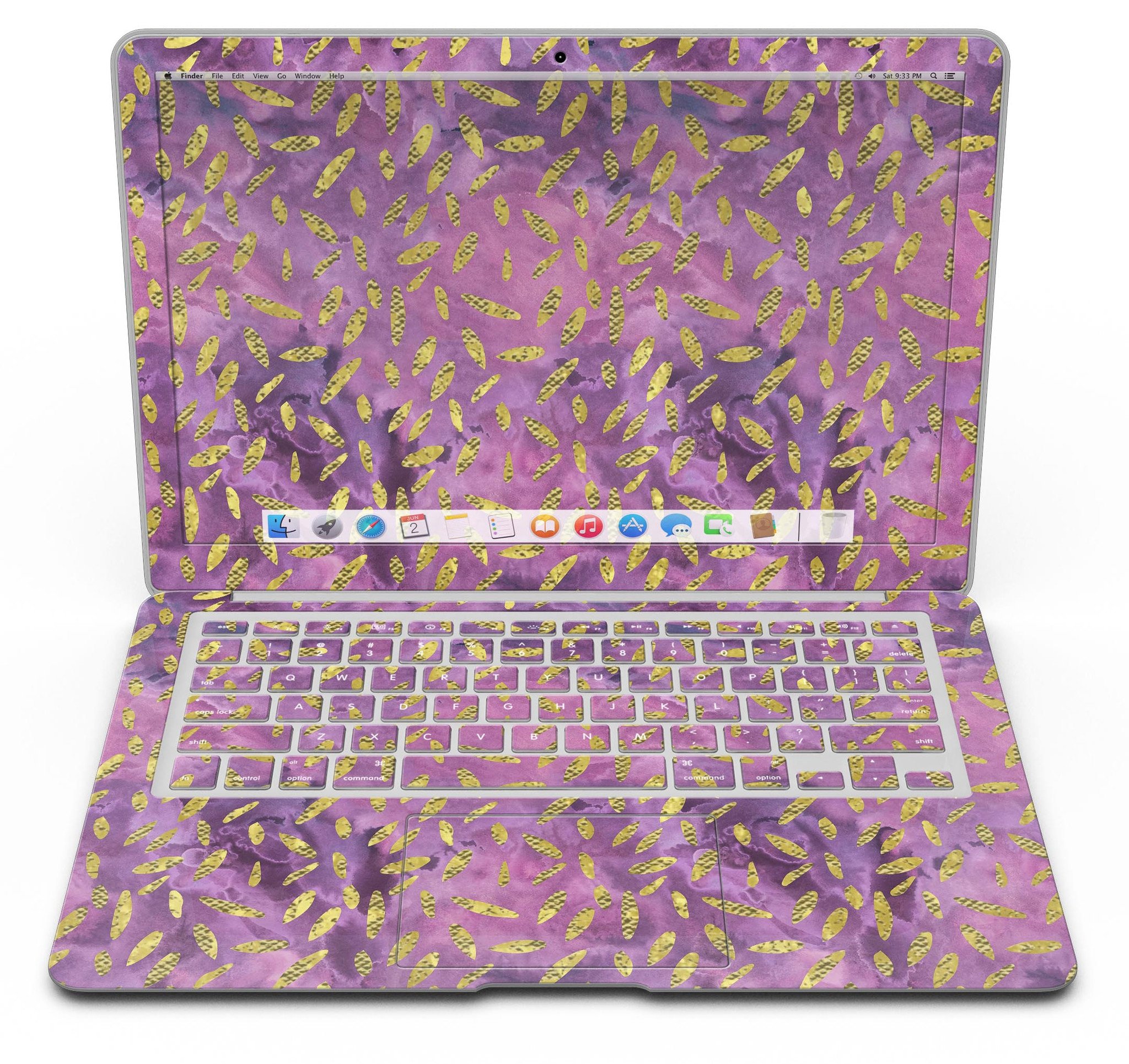 Daisy Pedals Over Purple Cloud Skin Kit for MacBook Air, showcasing vibrant floral design on premium vinyl.