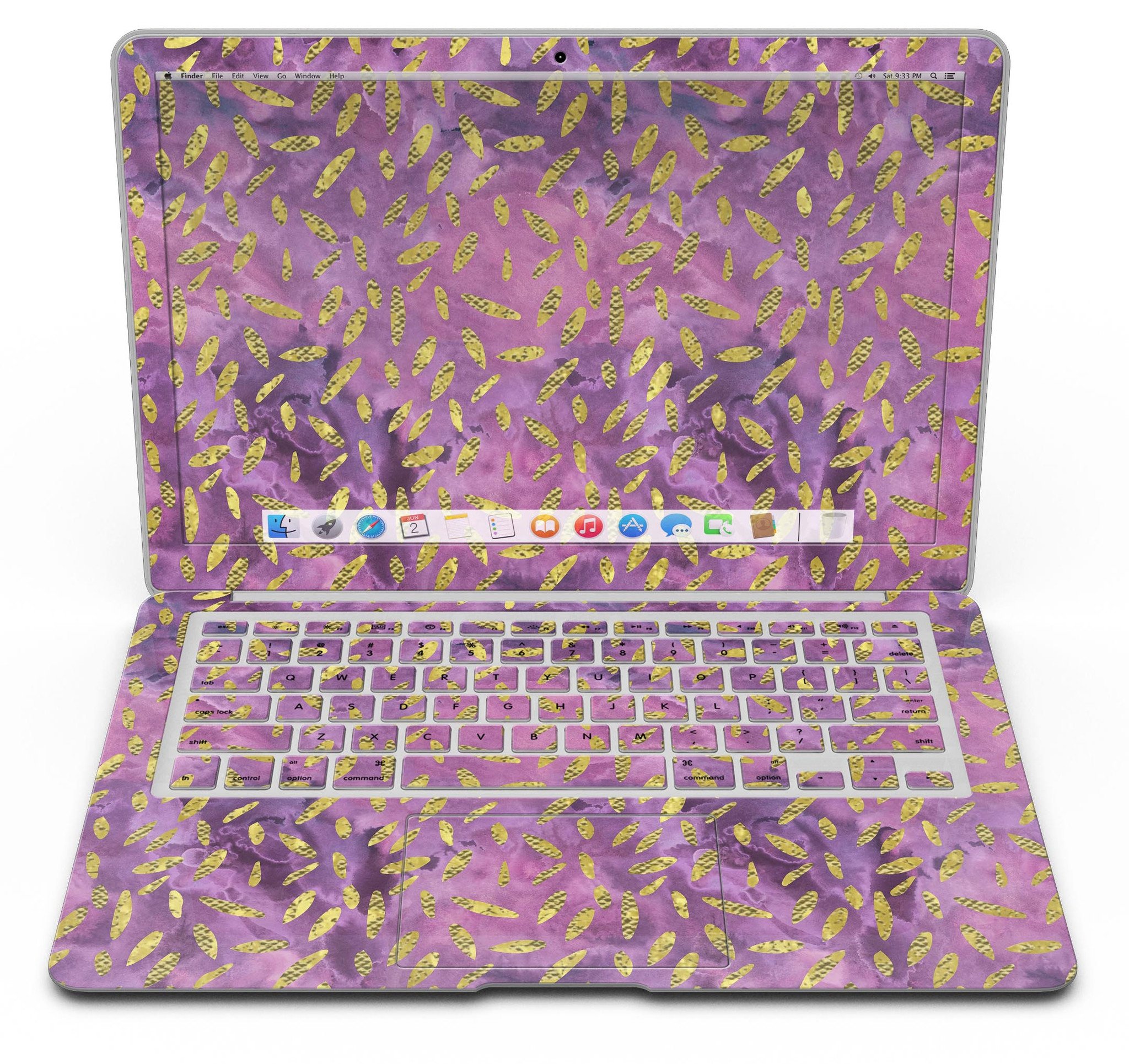 Daisy Pedals Over Purple Cloud Skin Kit for MacBook Air, showcasing vibrant floral design on premium vinyl.