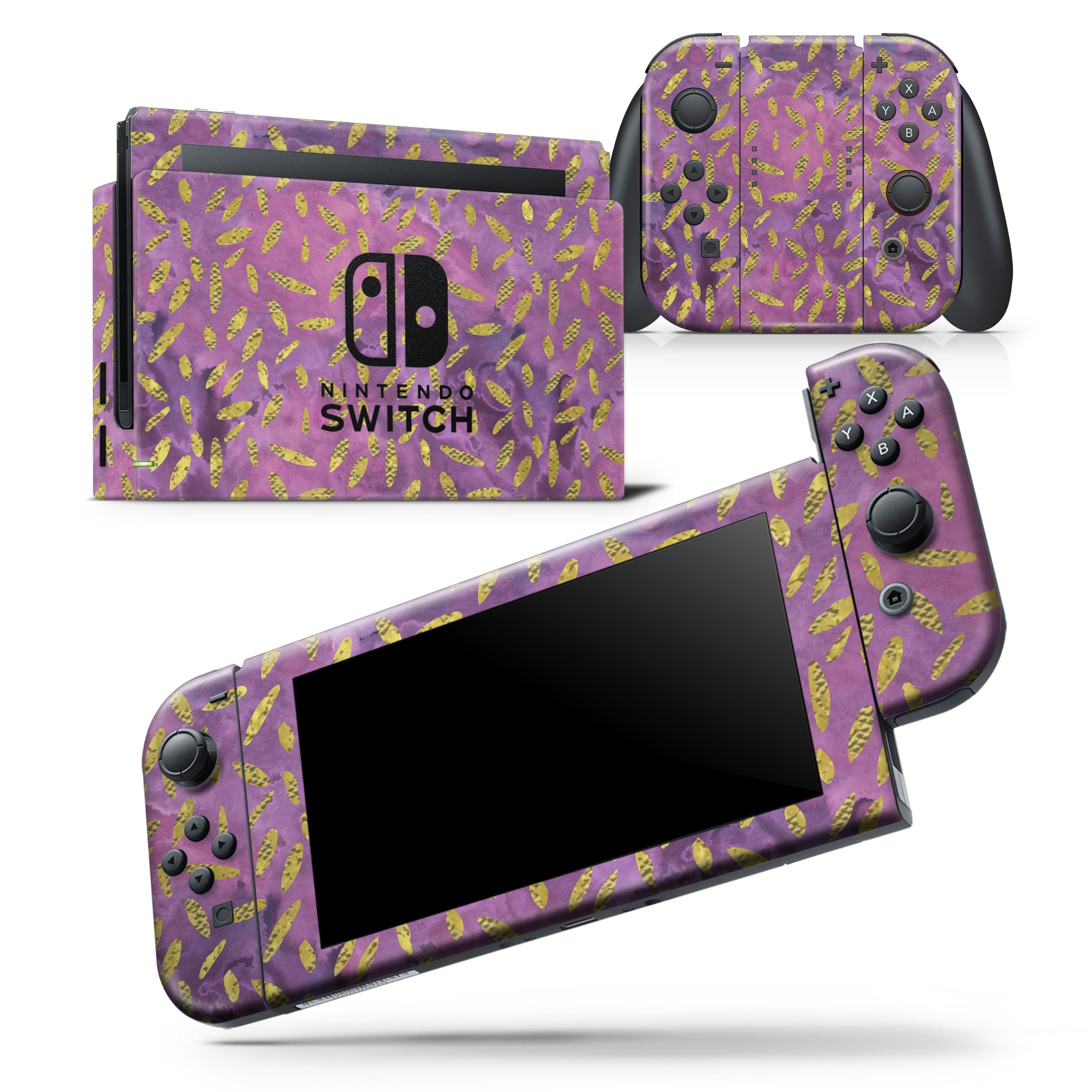 Daisy Pedals Over Purple Cloud Mix skin wrap decal for Nintendo Switch, showcasing vibrant floral design and premium vinyl material.