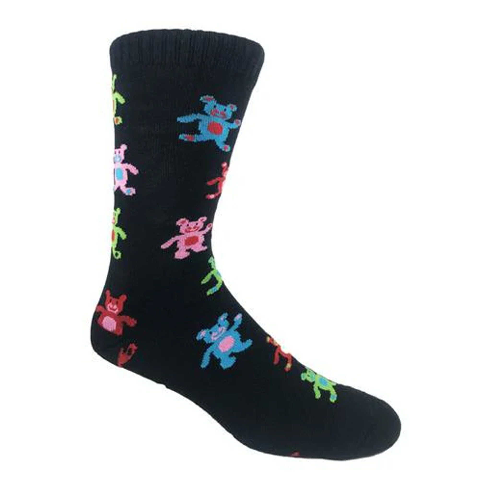 A pair of crew socks featuring colorful dancing teddy bears in blue, green, pink, and red, perfect for adding a playful touch to your outfit.