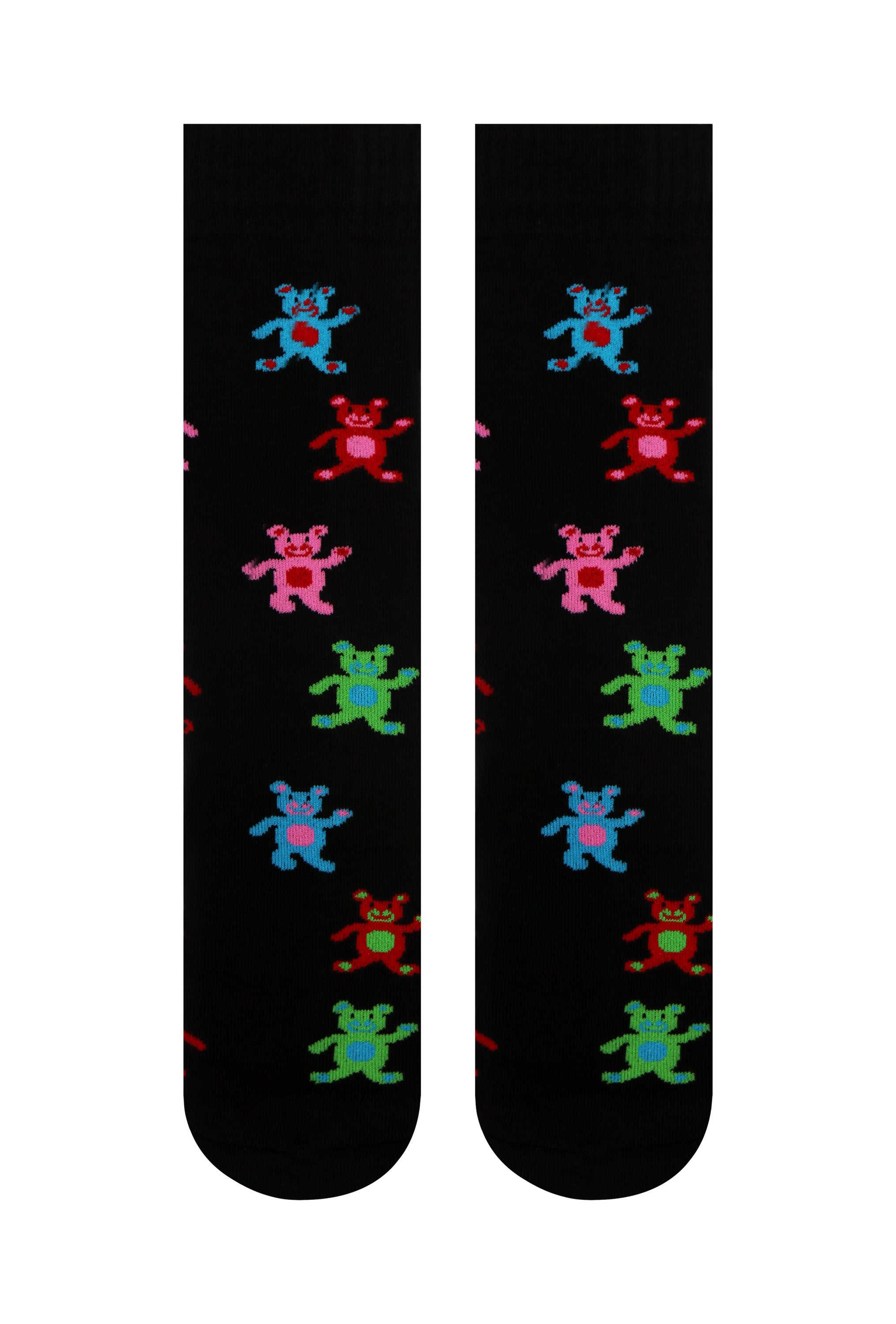 A pair of crew socks featuring colorful dancing teddy bears in blue, green, pink, and red, perfect for adding a playful touch to your outfit.