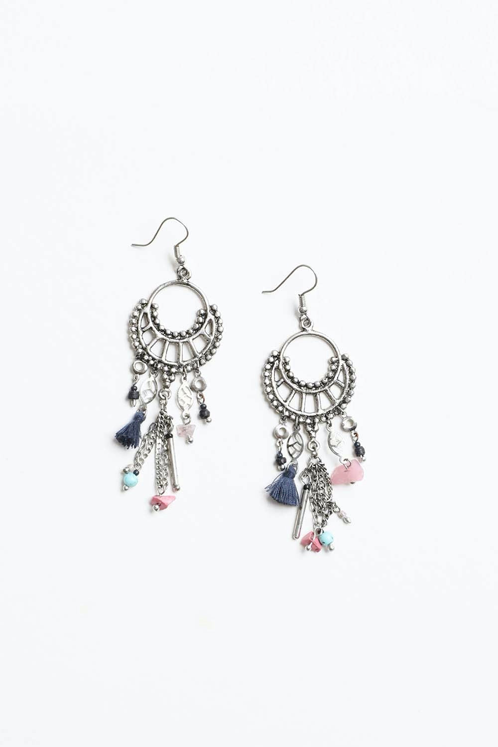 Dangling earrings featuring rose quartz beads and delicate fringe, showcasing elegance and style.