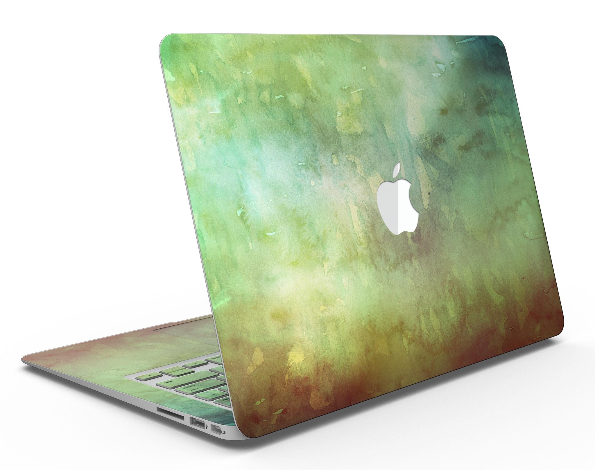 Dark 862 Absorbed Watercolor Texture MacBook Air Skin Kit showcasing a vibrant watercolor design on a sleek MacBook Air.