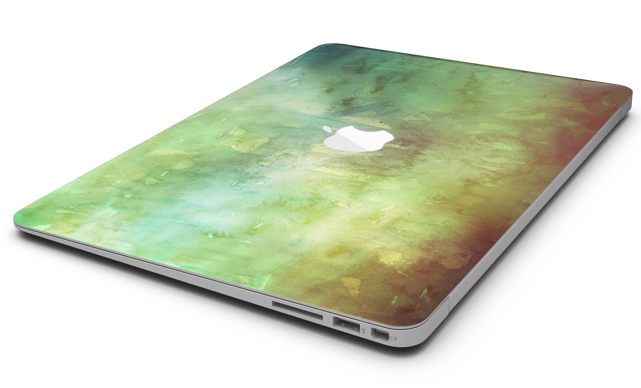 Dark 862 Absorbed Watercolor Texture MacBook Air Skin Kit showcasing a vibrant watercolor design on a sleek MacBook Air.