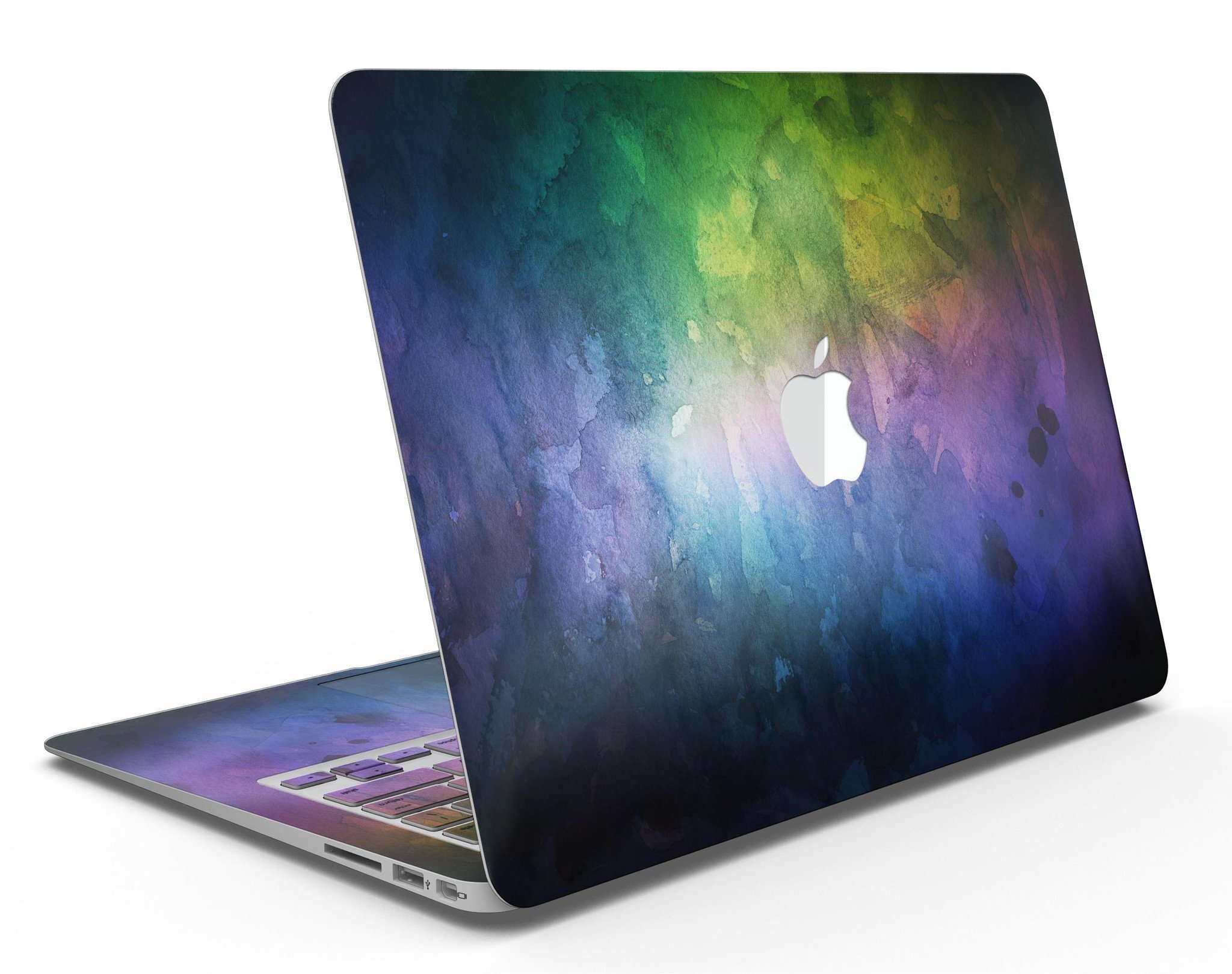 Dark 9711 Absorbed Watercolor Texture MacBook Air Skin Kit showcasing vibrant colors and premium vinyl material.