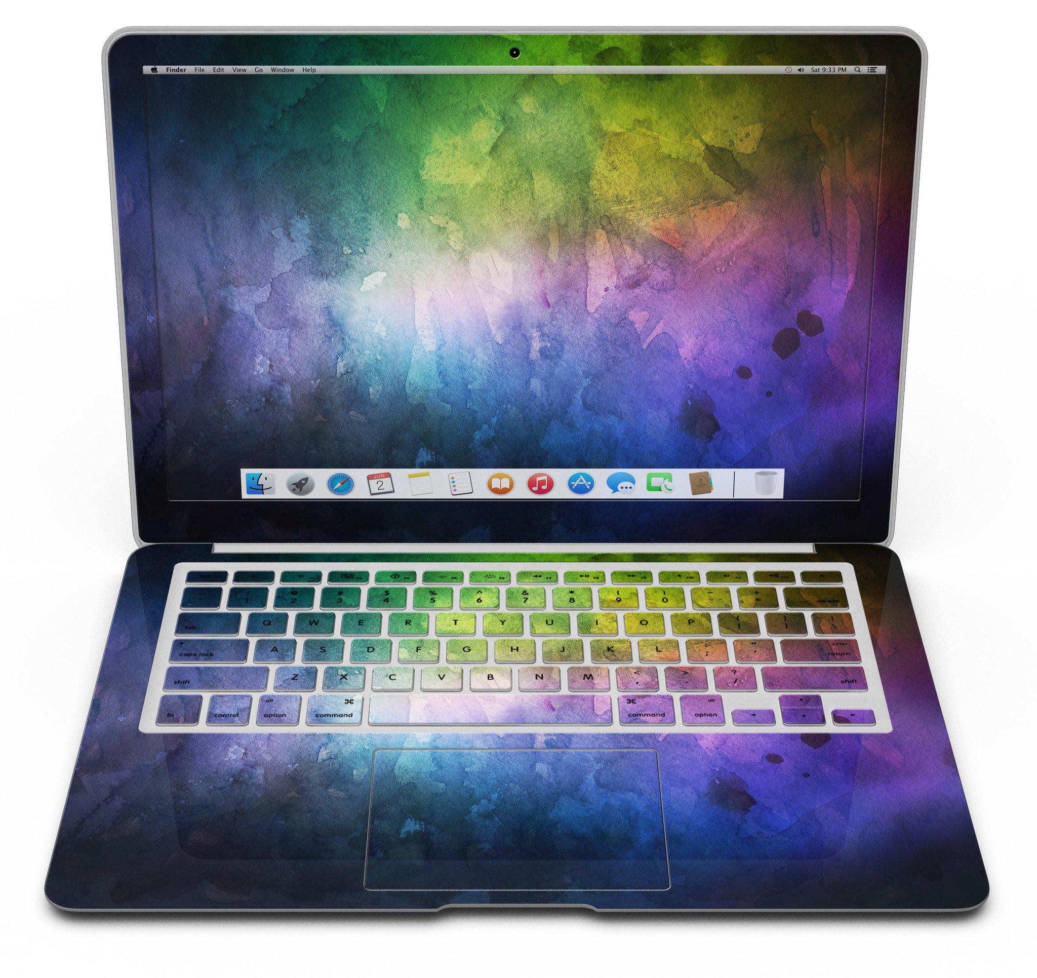 Dark 9711 Absorbed Watercolor Texture MacBook Air Skin Kit showcasing vibrant colors and premium vinyl material.