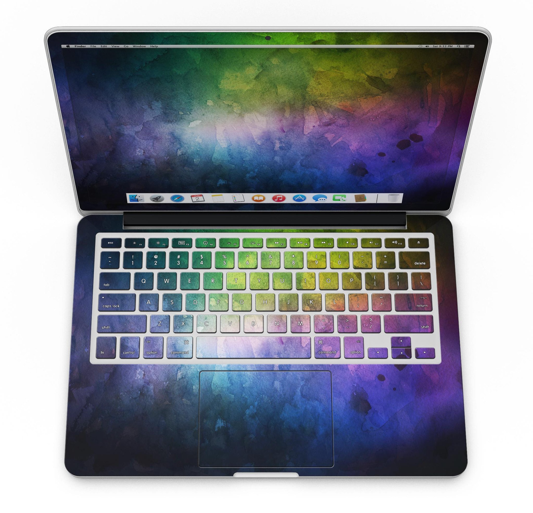 Dark 9711 Absorbed Watercolor Texture skin for MacBook Pro with Retina, showcasing vibrant colors and a sleek design.