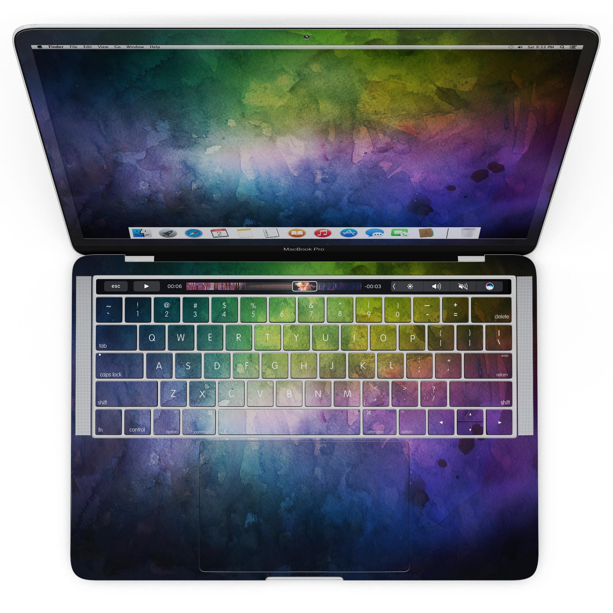 Dark 9711 Absorbed Watercolor Texture skin for MacBook Pro with Touch Bar, showcasing vibrant watercolor design and premium vinyl material.