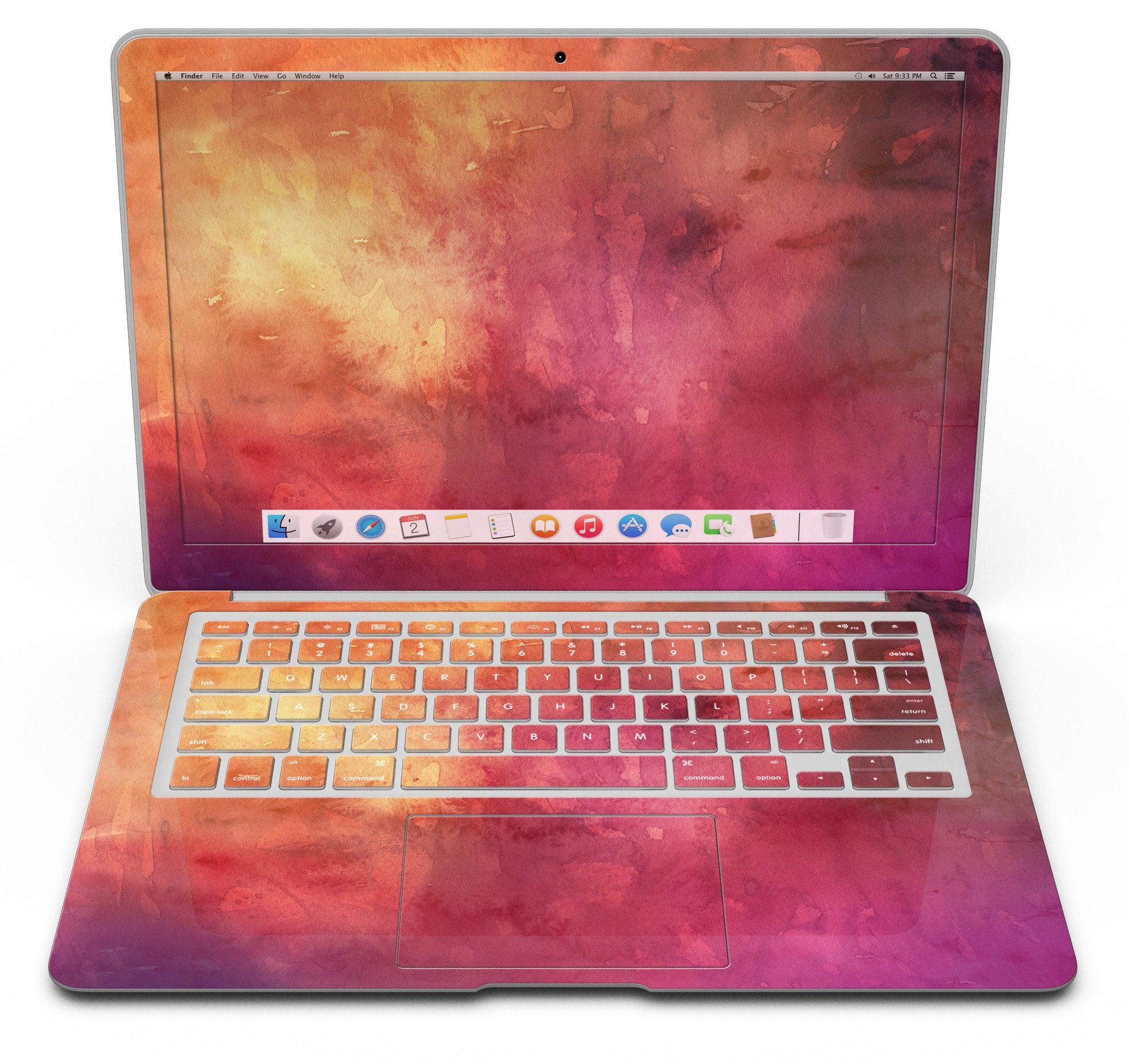 Dark 9797 Absorbed Watercolor Texture MacBook Air Skin Kit showcasing vibrant watercolor design on premium vinyl.