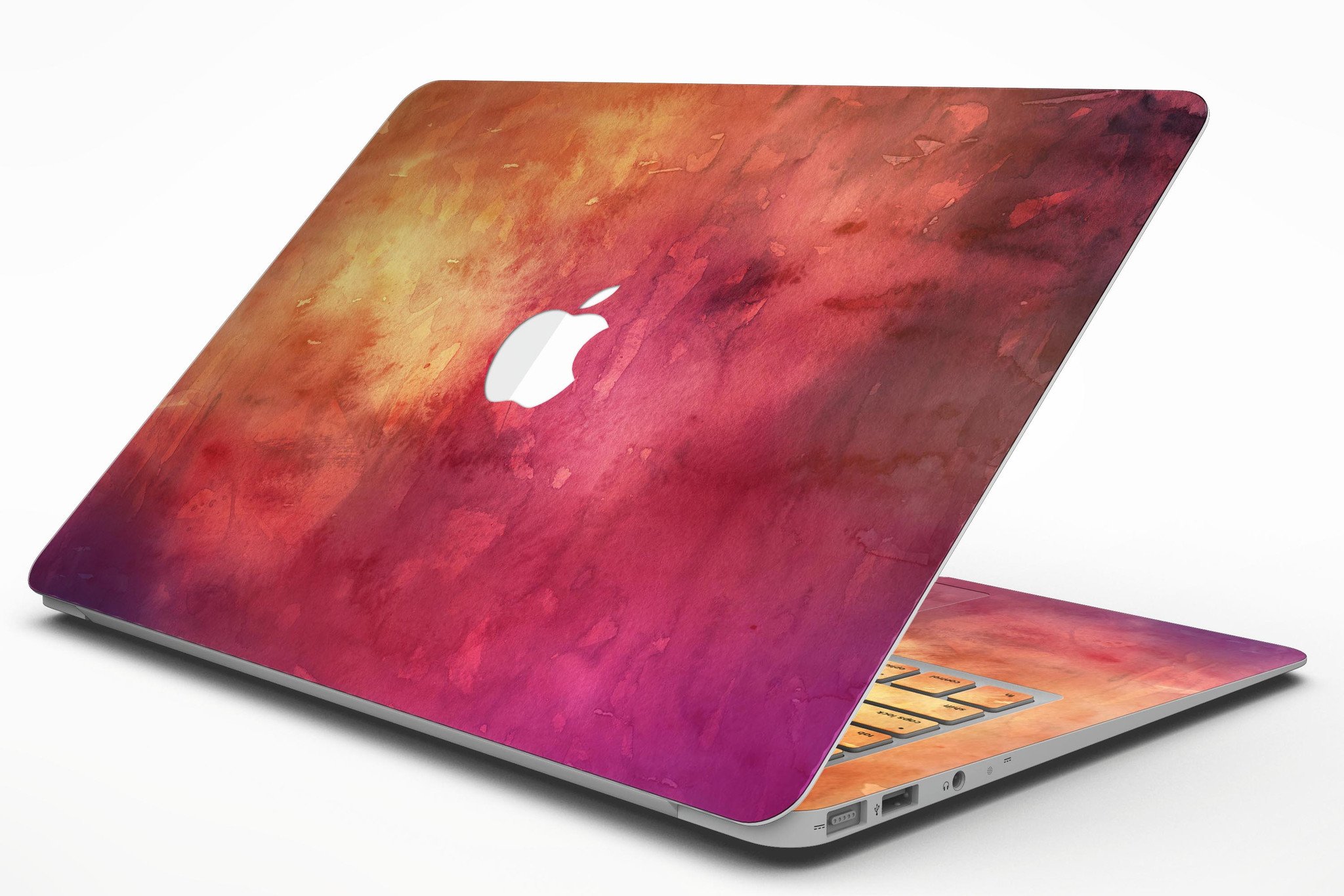 Dark 9797 Absorbed Watercolor Texture MacBook Air Skin Kit showcasing vibrant watercolor design on premium vinyl.