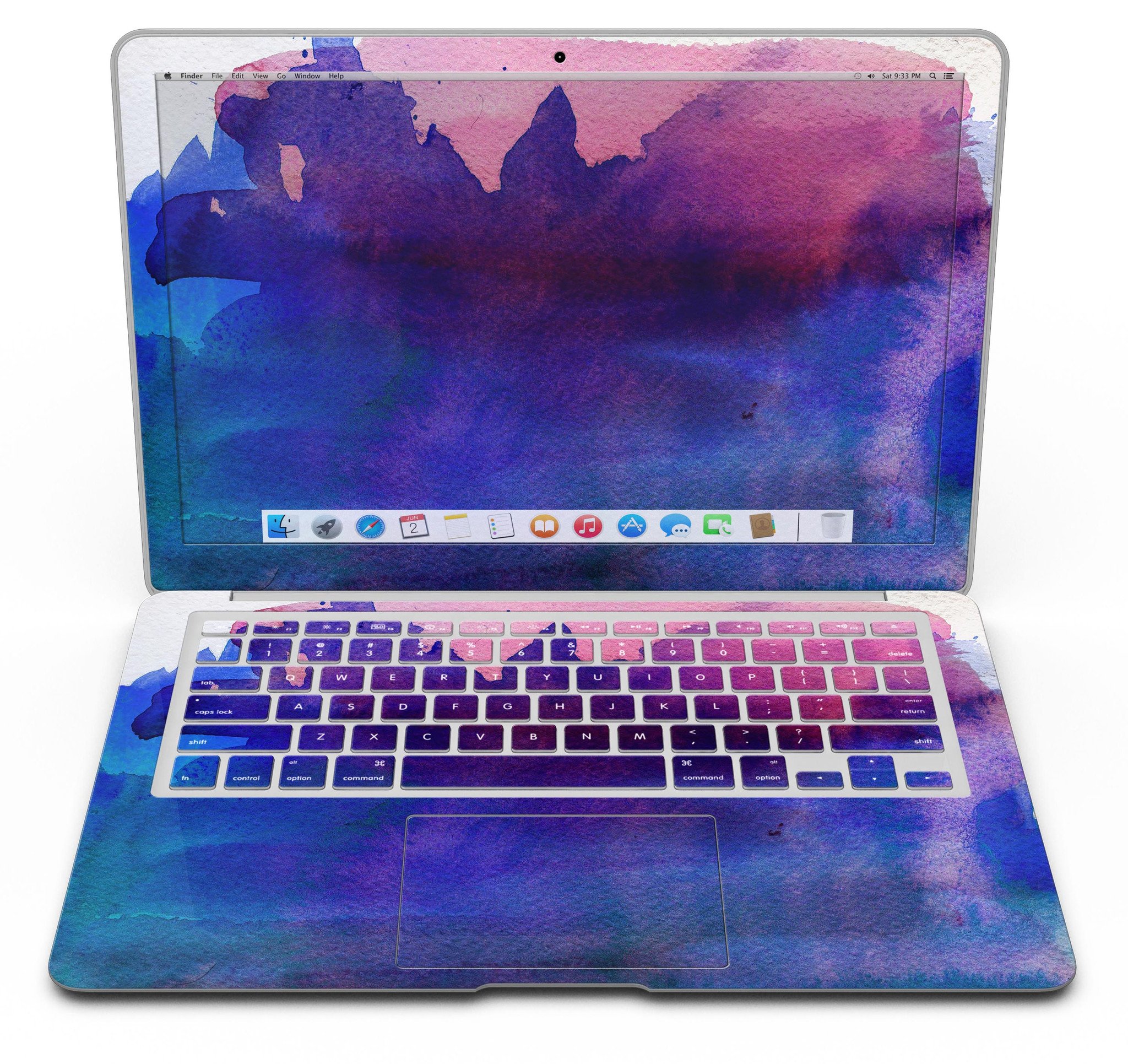 Dark Absorbed Watercolor Texture skin applied on a MacBook Air, showcasing vibrant colors and sleek design.