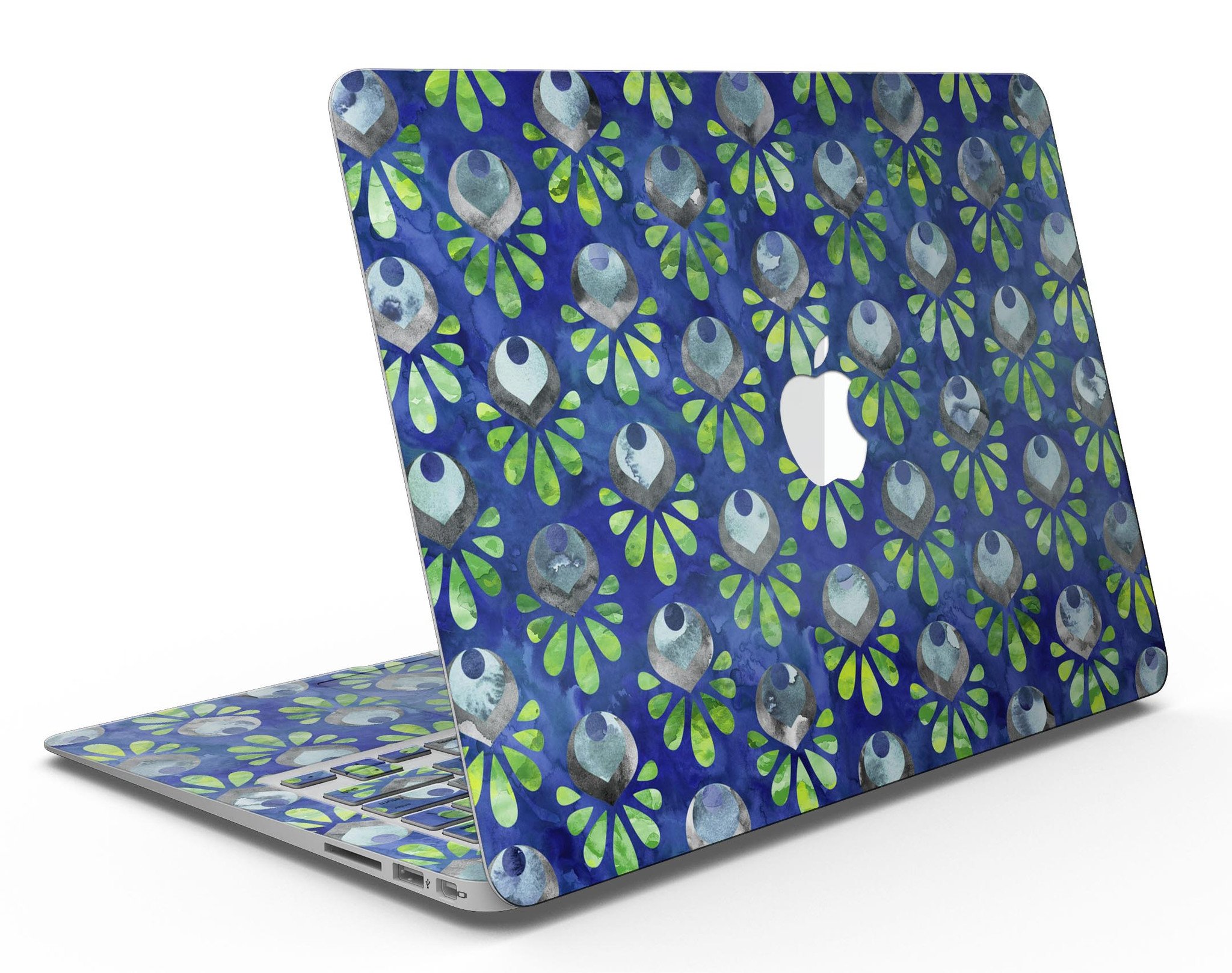 Dark blue and green watercolor peacock feathers skin for MacBook Air, showcasing vibrant colors and intricate feather patterns.