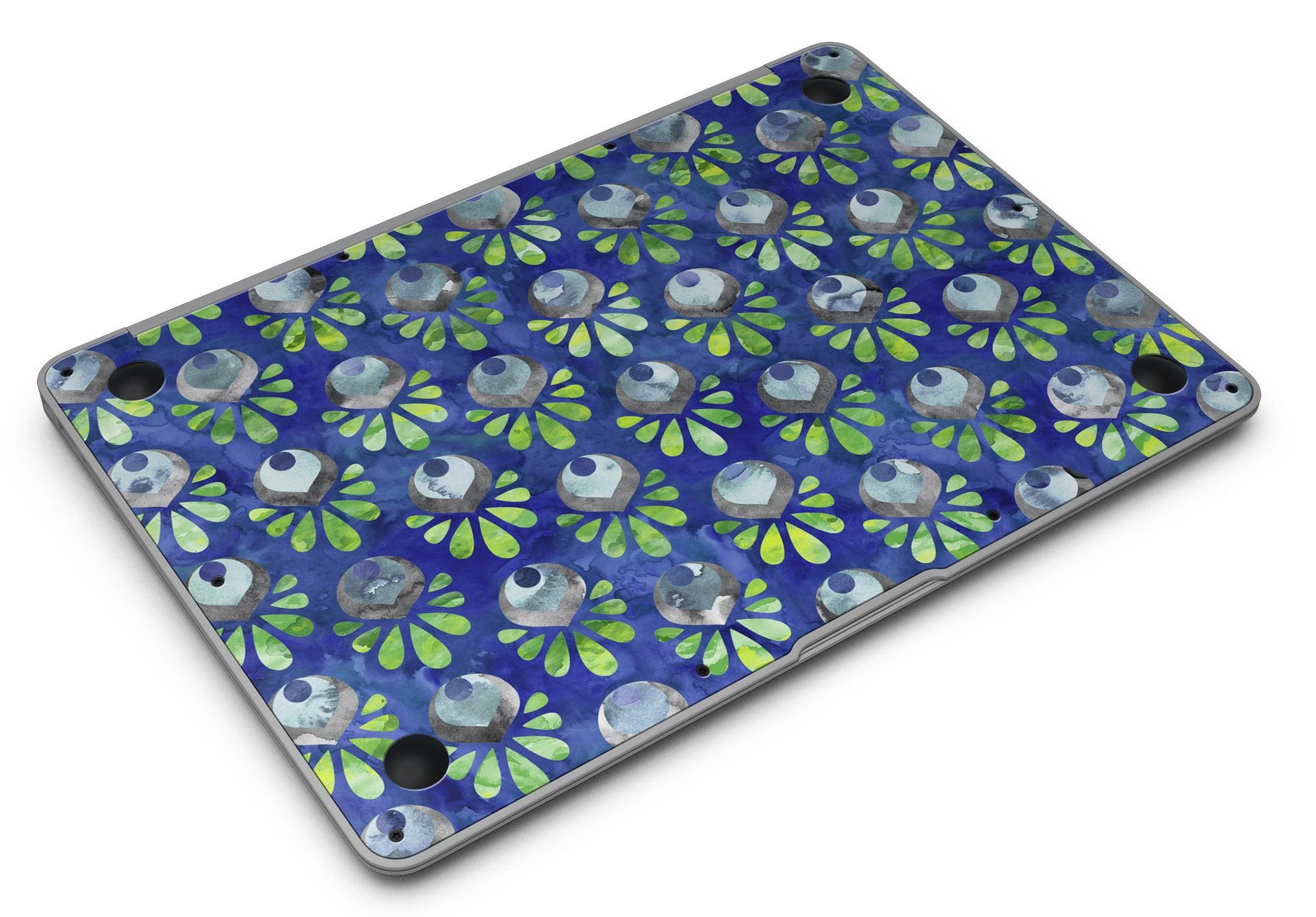 Dark blue and green watercolor peacock feathers skin for MacBook Air, showcasing vibrant colors and intricate feather patterns.