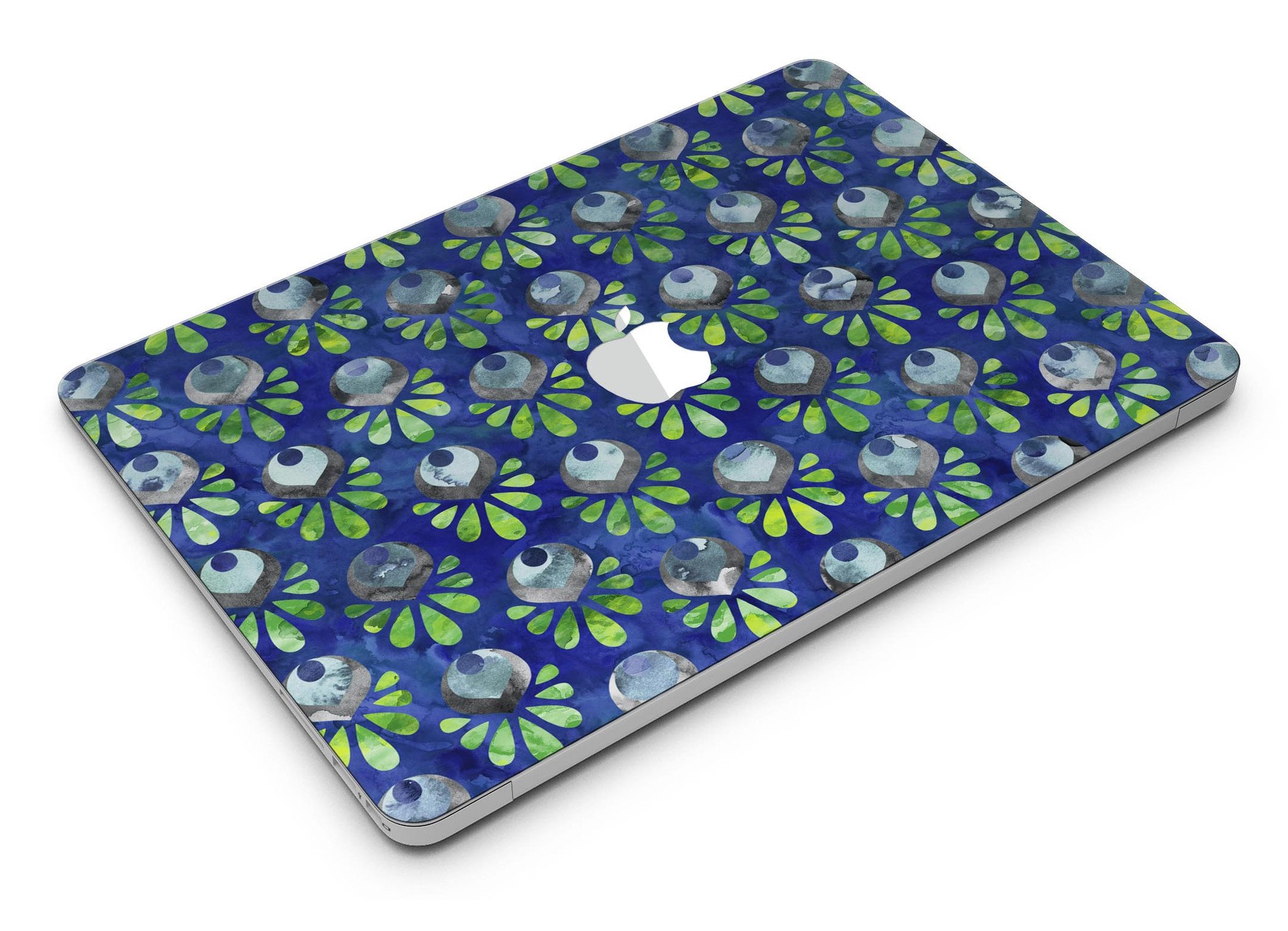 Dark blue and green watercolor peacock feathers skin for MacBook Air, showcasing vibrant colors and intricate feather patterns.