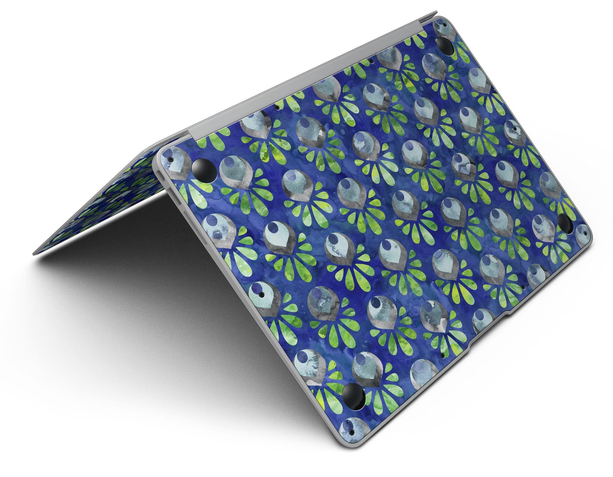 Dark blue and green watercolor peacock feathers skin for MacBook Air, showcasing vibrant colors and intricate feather patterns.