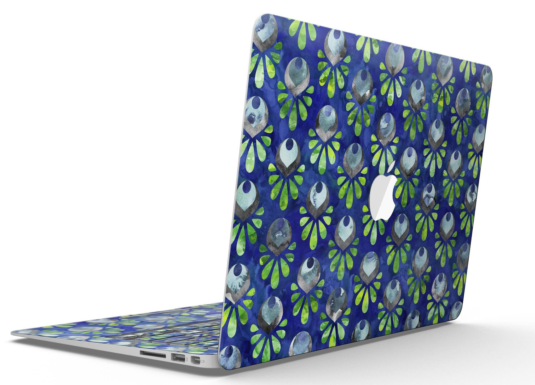 Dark blue and green watercolor peacock feathers skin for MacBook Air, showcasing vibrant colors and intricate feather patterns.