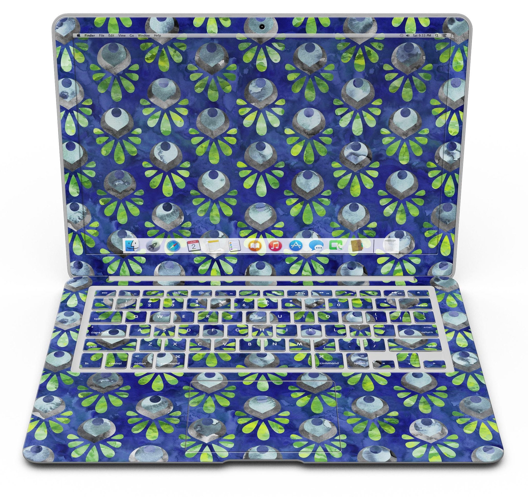 Dark blue and green watercolor peacock feathers skin for MacBook Air, showcasing vibrant colors and intricate feather patterns.