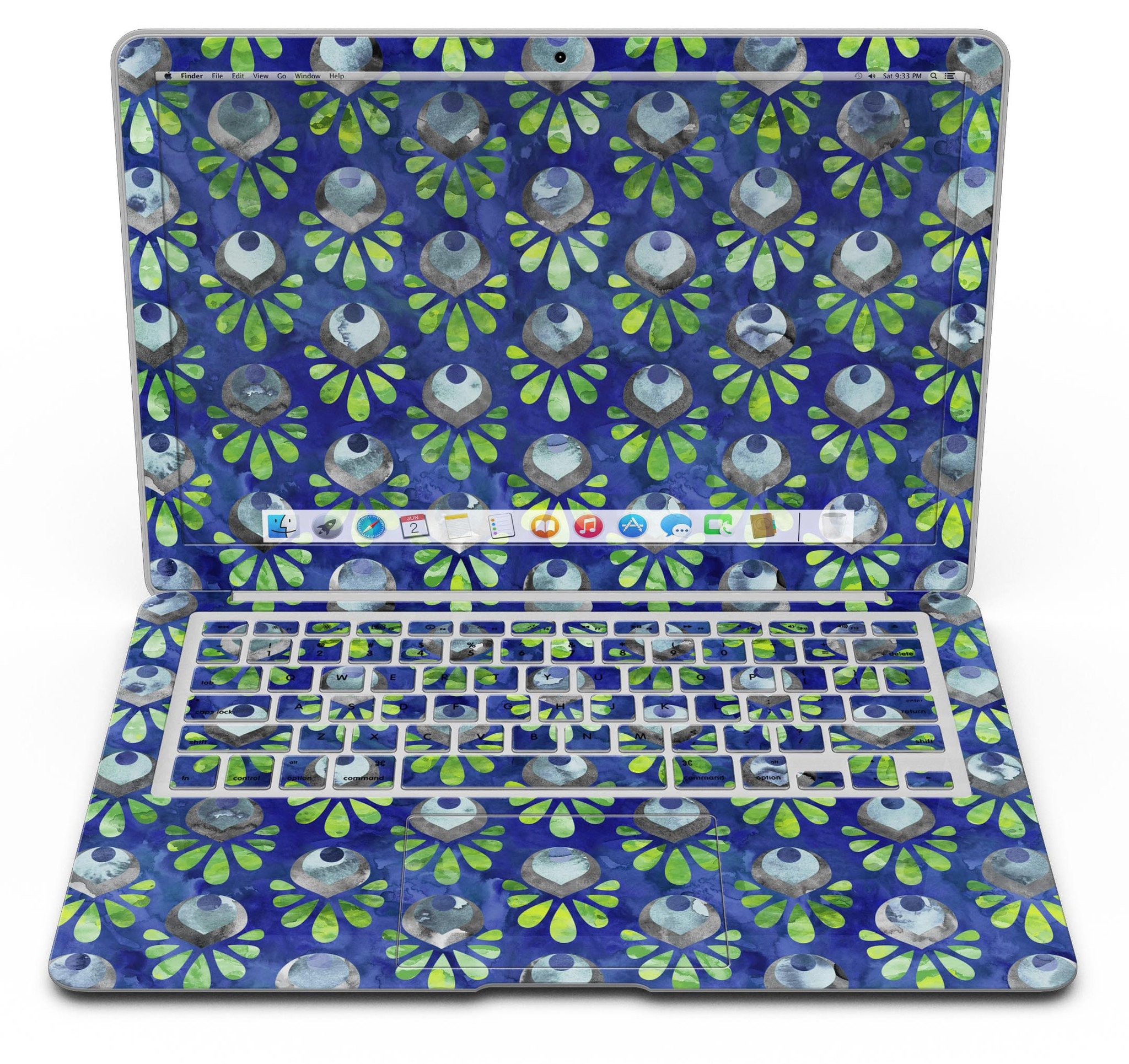 Dark blue and green watercolor peacock feathers skin for MacBook Air, showcasing vibrant colors and intricate feather patterns.