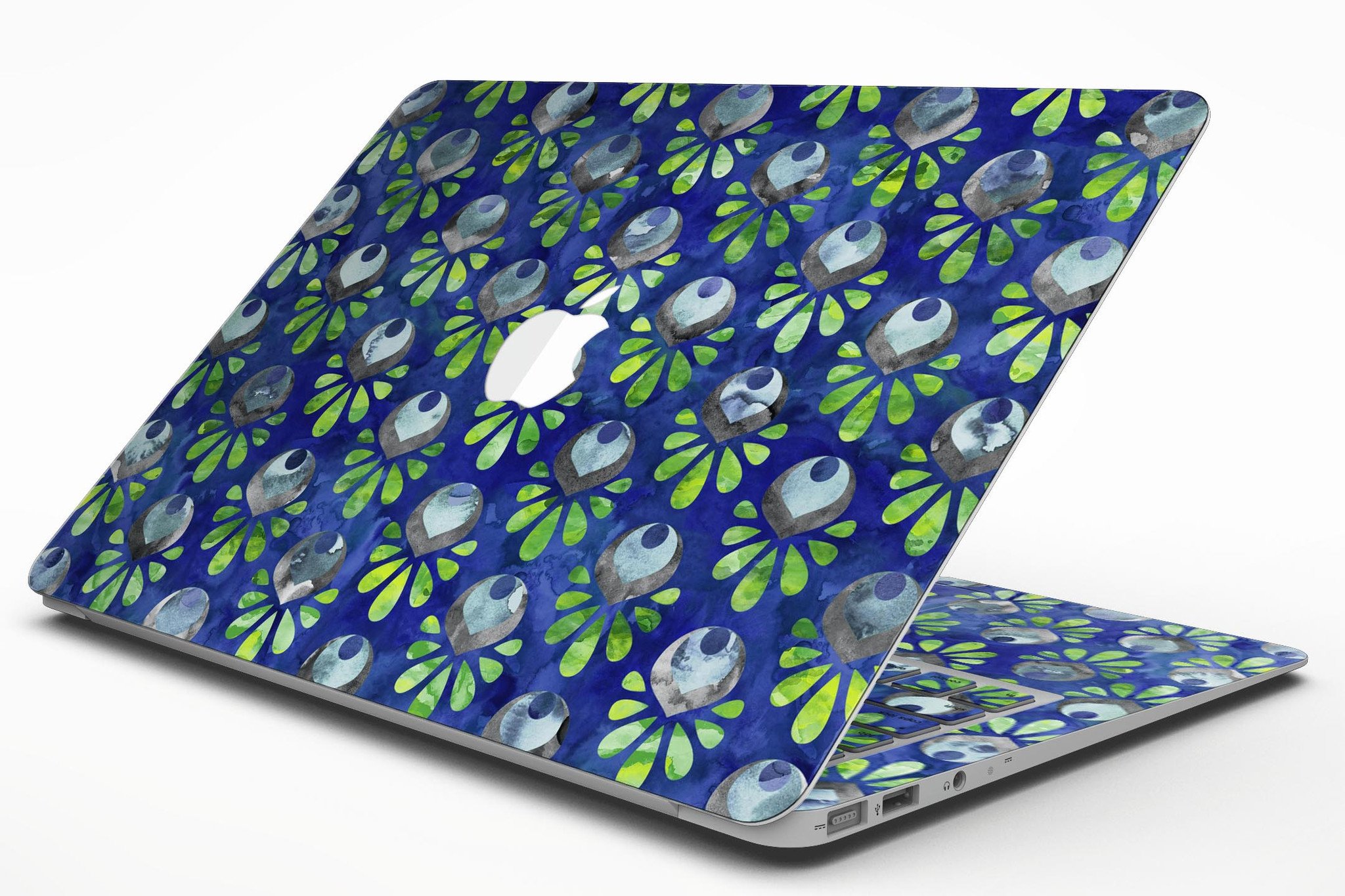 Dark blue and green watercolor peacock feathers skin for MacBook Air, showcasing vibrant colors and intricate feather patterns.