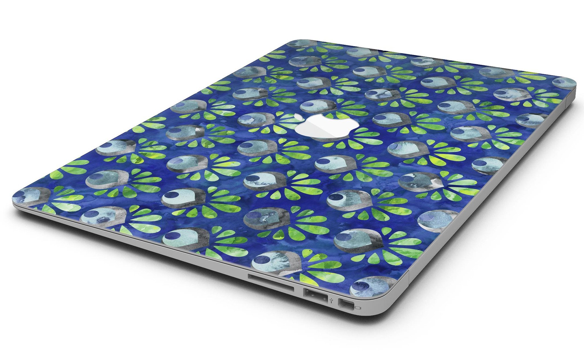 Dark blue and green watercolor peacock feathers skin for MacBook Air, showcasing vibrant colors and intricate feather patterns.