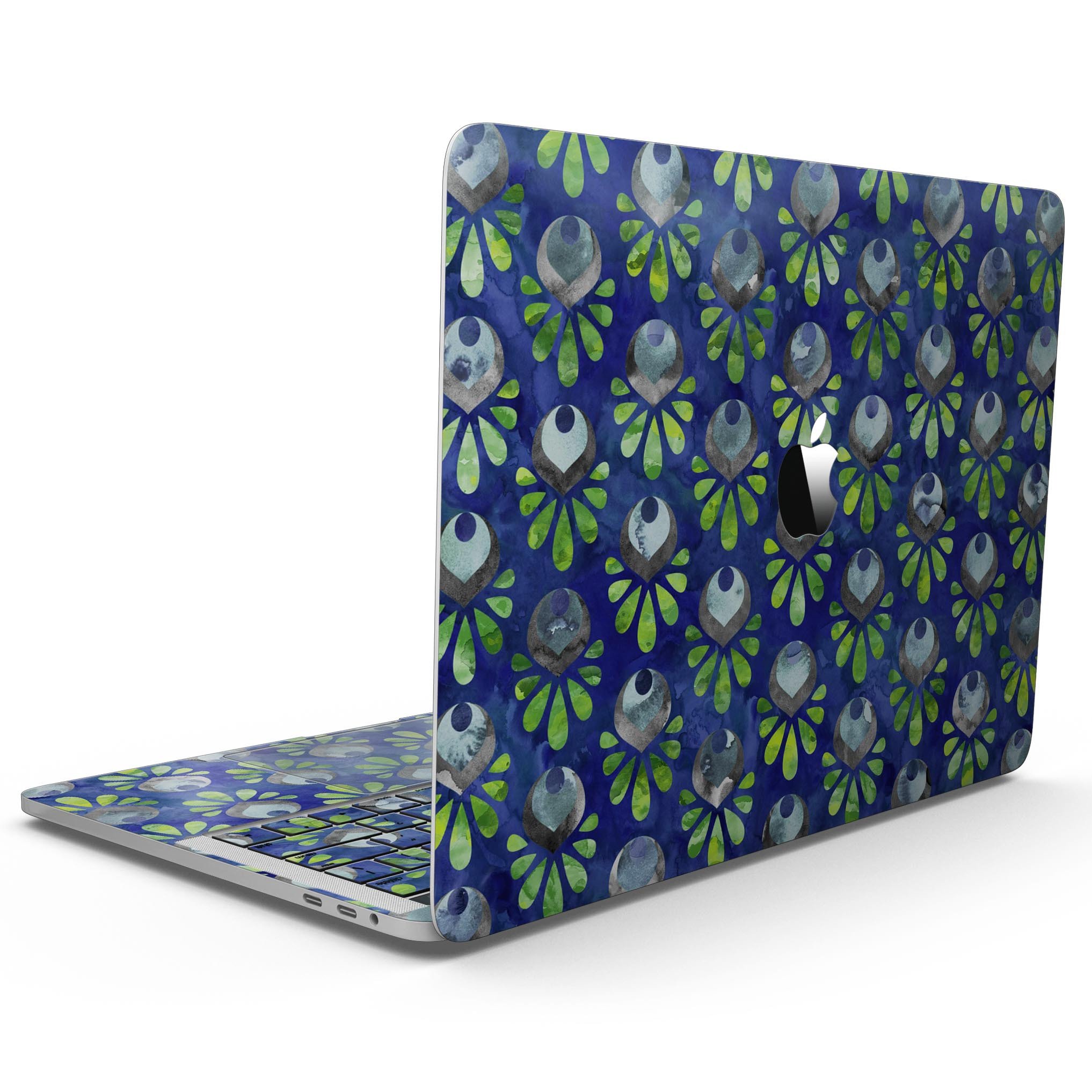 Dark blue and green watercolor peacock feathers skin for MacBook Pro, showcasing vibrant colors and intricate feather patterns.