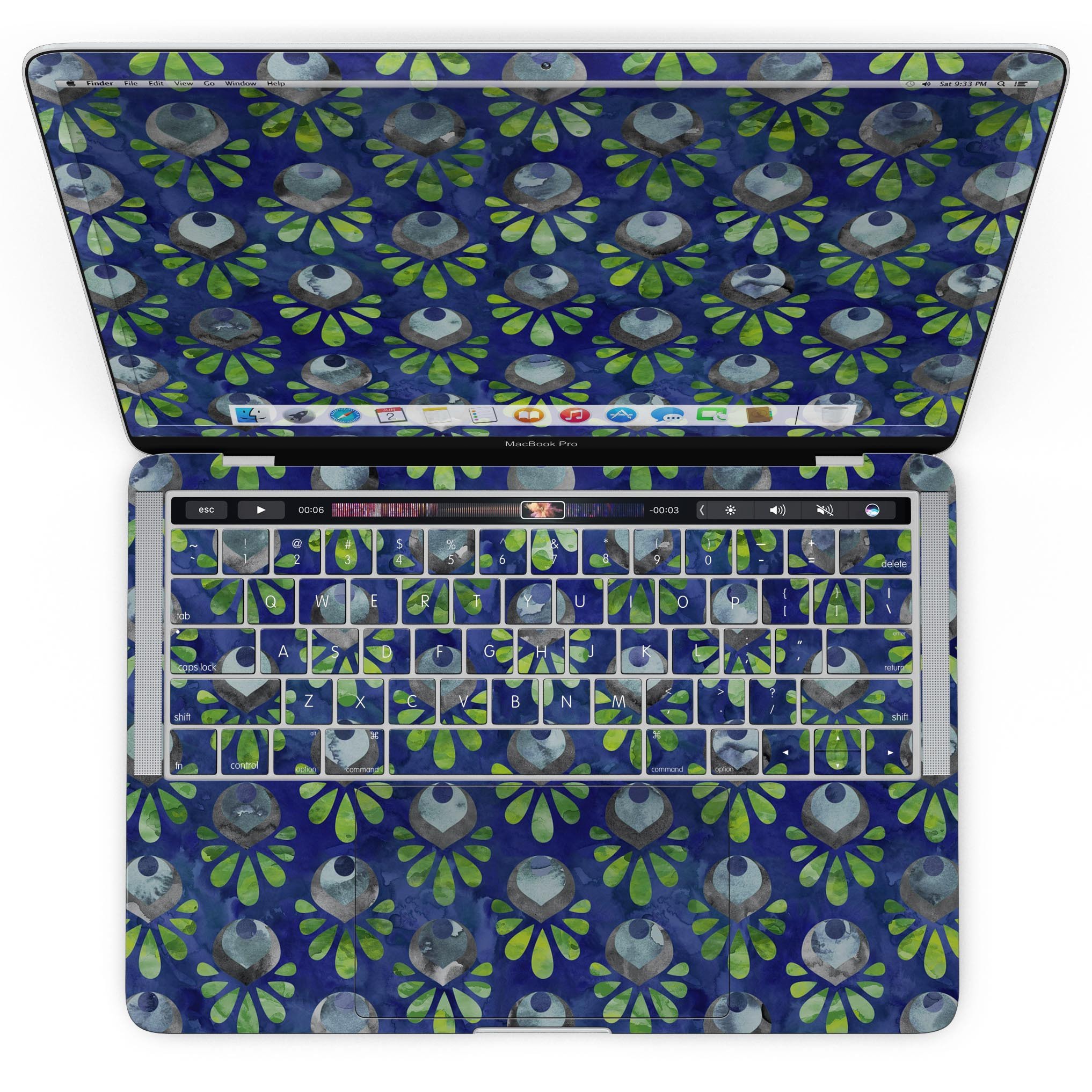 Dark blue and green watercolor peacock feathers skin for MacBook Pro, showcasing vibrant colors and intricate feather patterns.