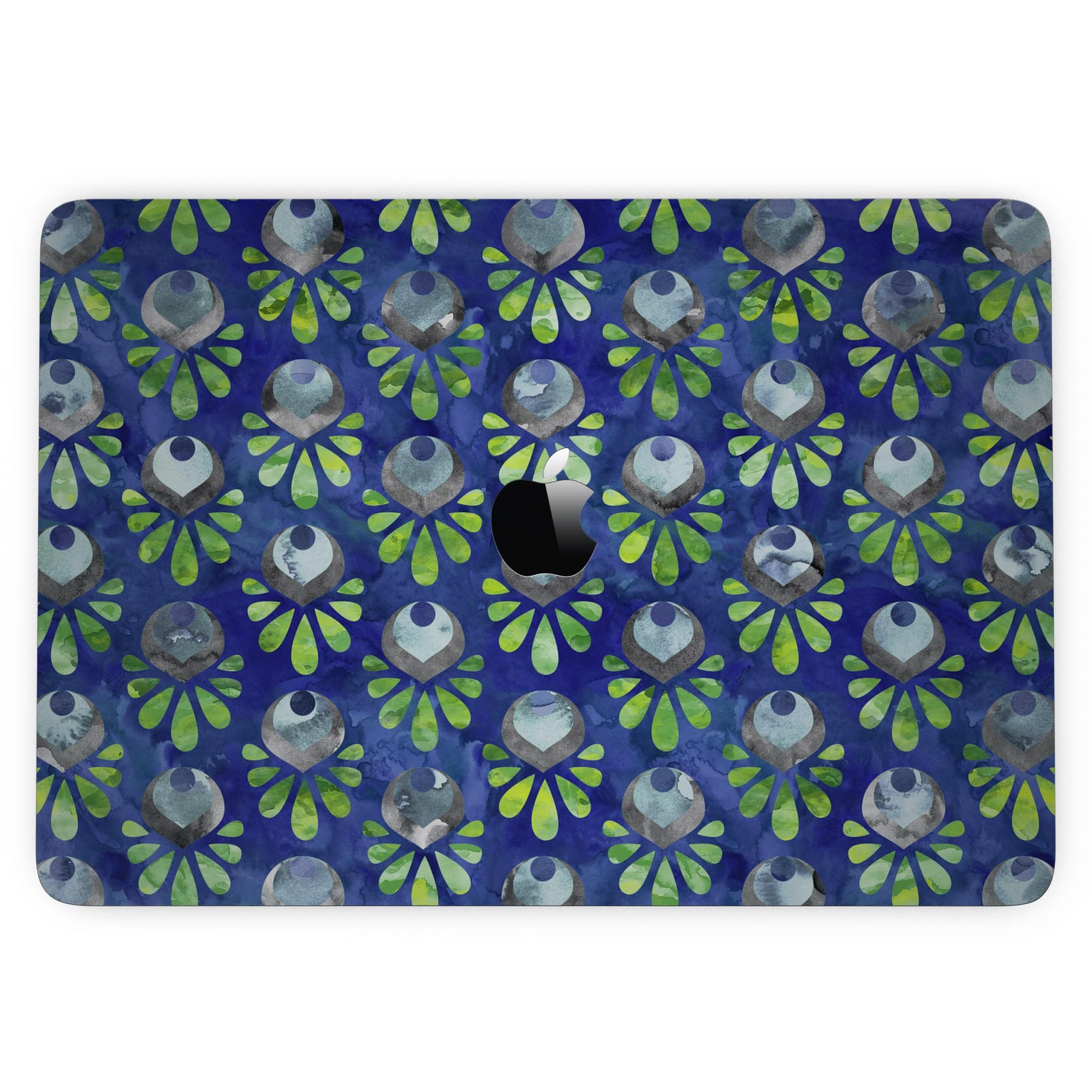 Dark blue and green watercolor peacock feathers skin for MacBook Pro, showcasing vibrant colors and intricate feather patterns.