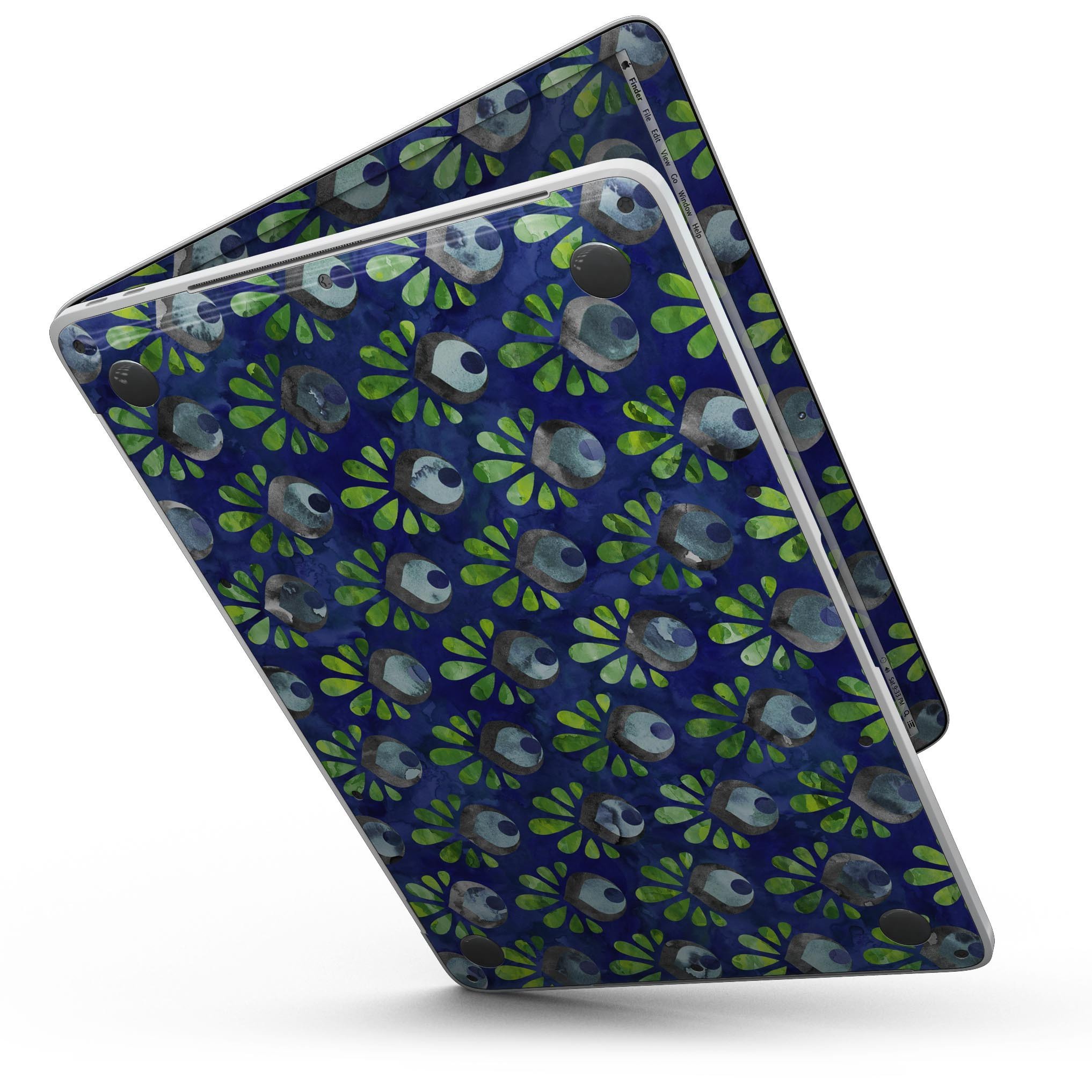 Dark blue and green watercolor peacock feathers skin for MacBook Pro, showcasing vibrant colors and intricate feather patterns.