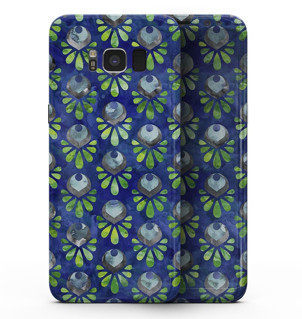 Dark blue and green watercolor peacock feathers skin for Samsung Galaxy S8, showcasing vibrant colors and intricate feather patterns.