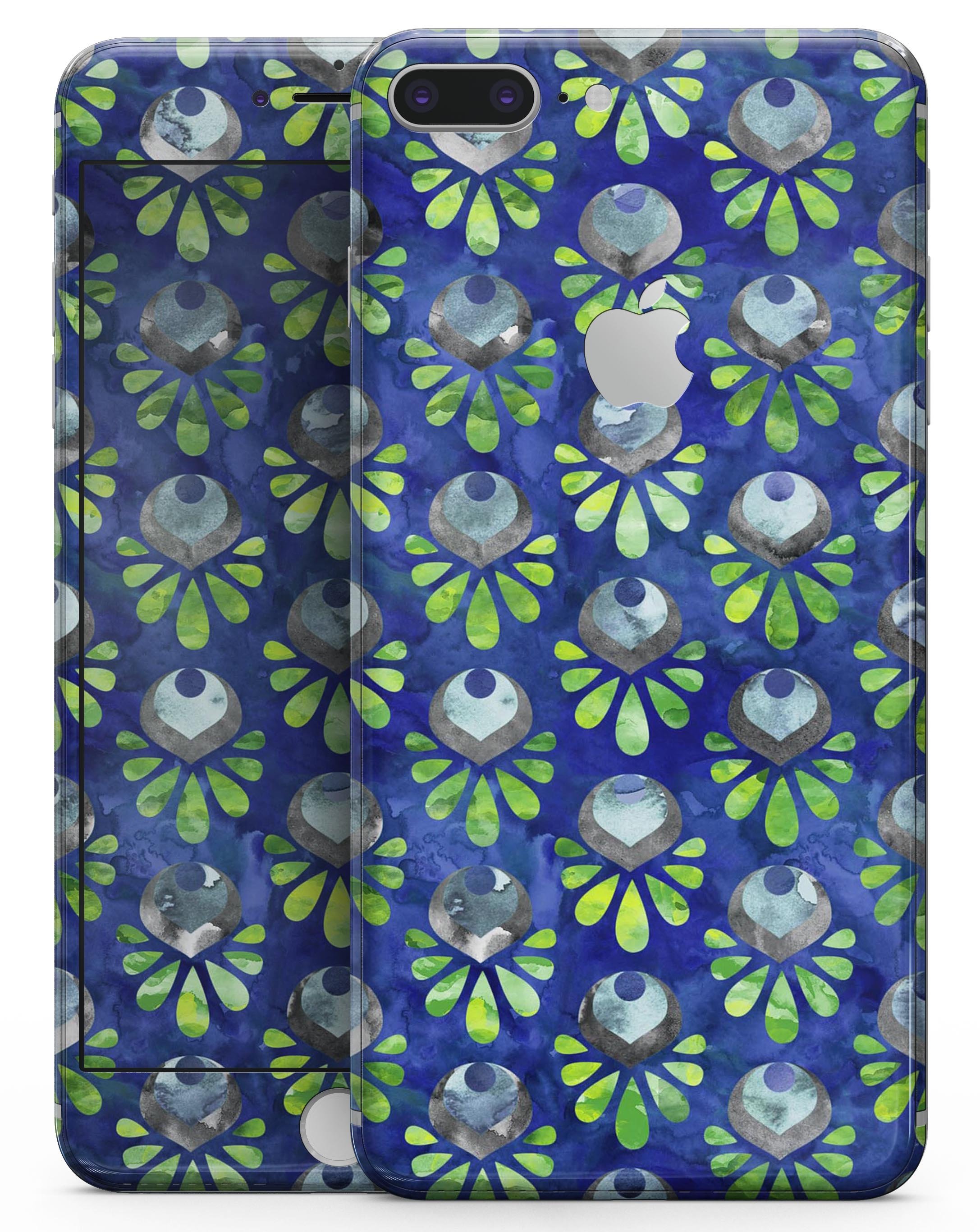 Dark blue and green watercolor peacock feathers skin for iPhone 8 and 8 Plus, showcasing vibrant colors and intricate feather patterns.