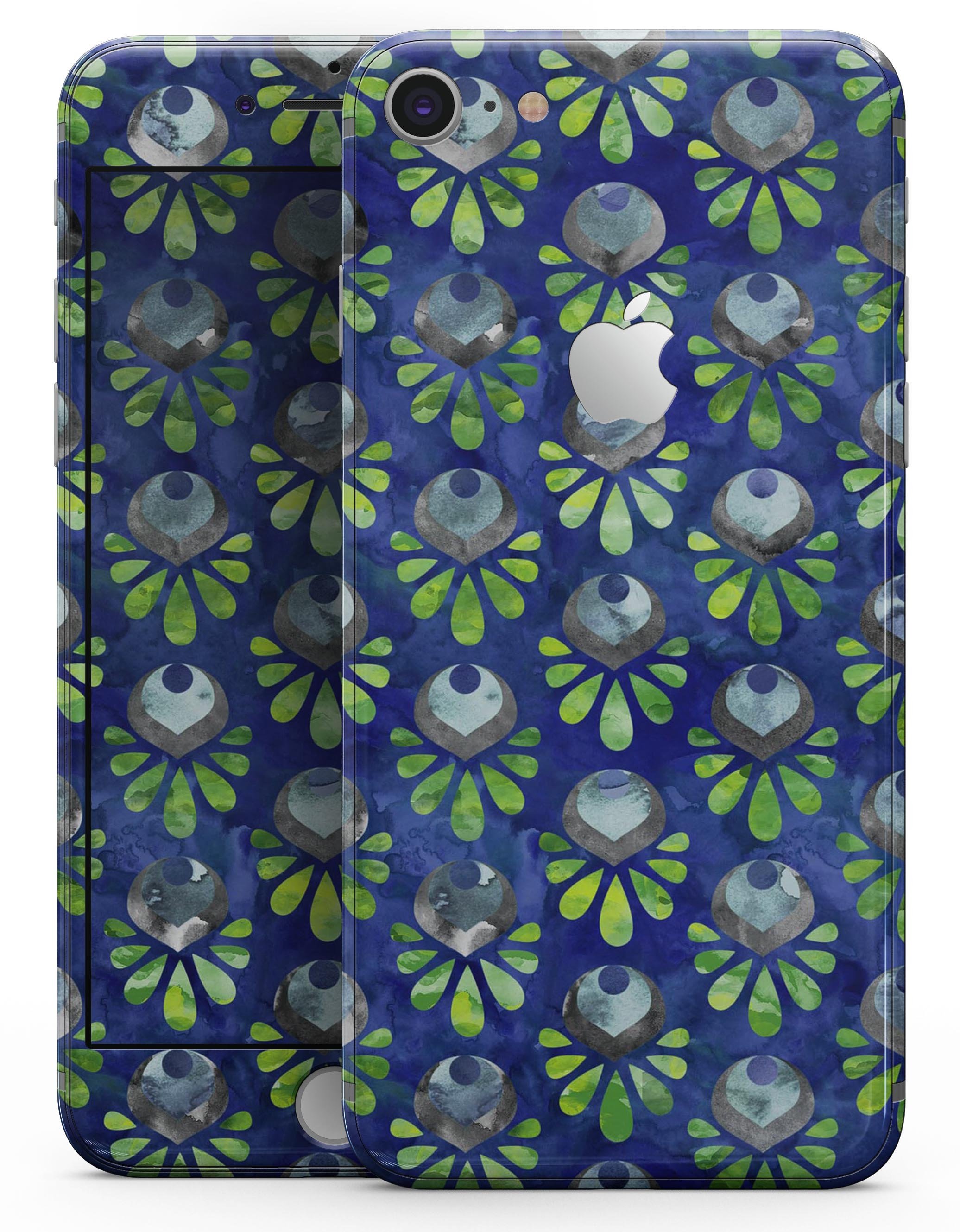 Dark blue and green watercolor peacock feathers skin for iPhone 8 and 8 Plus, showcasing vibrant colors and intricate feather patterns.