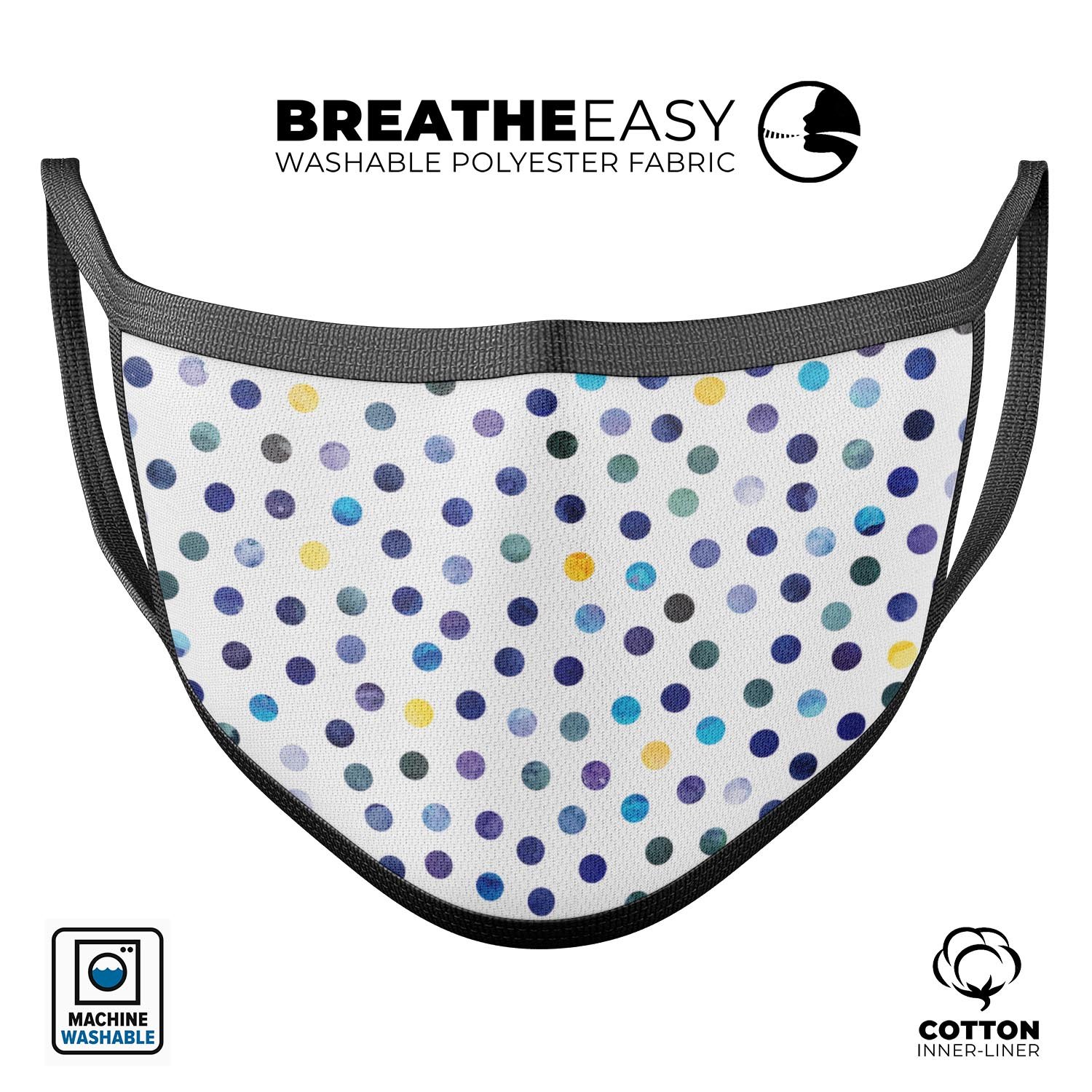 Dark blue and yellow watercolor dots face mask on a white background, showcasing its vibrant design and adjustable ear loops.