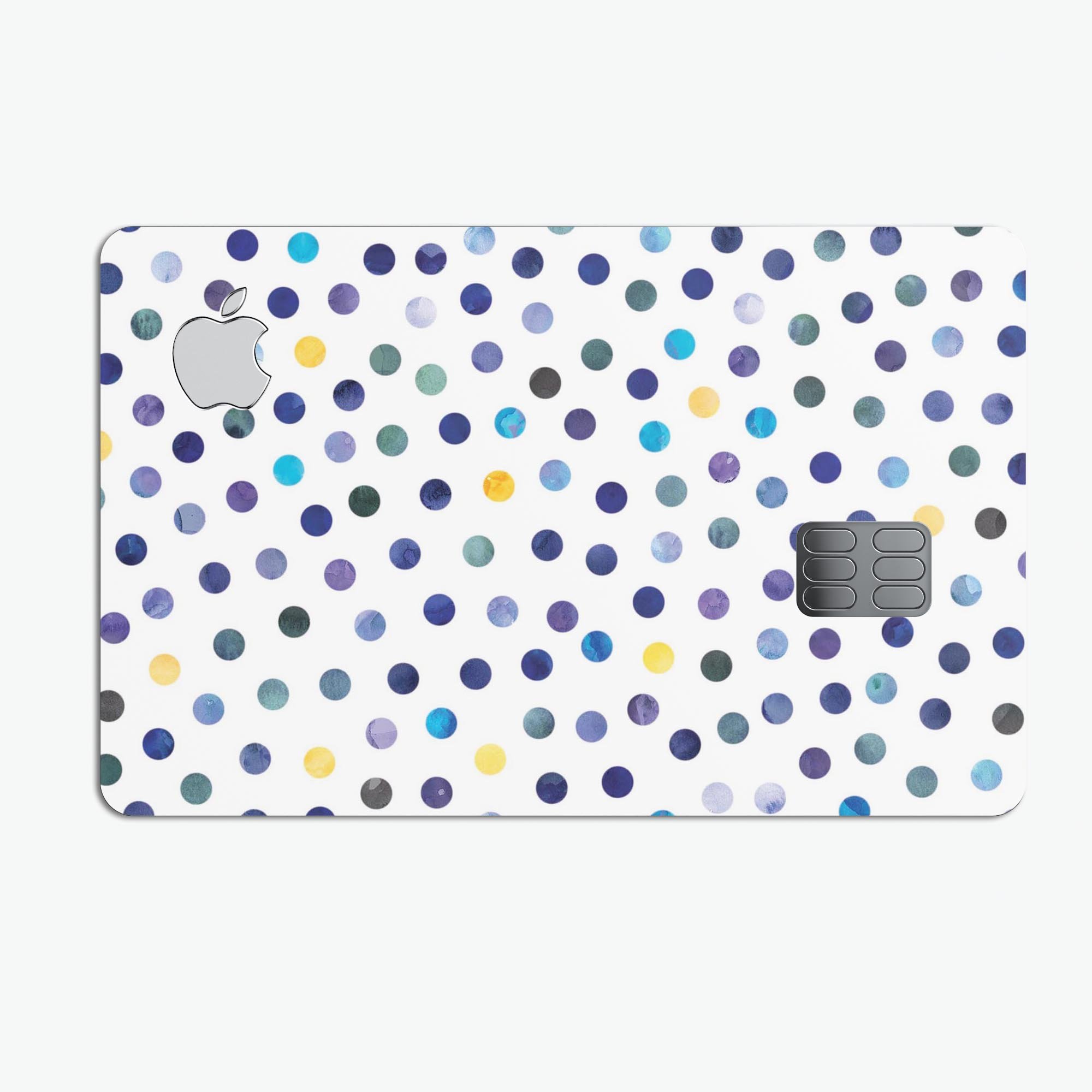 Dark blue and yellow watercolor dots skin for Apple Card, showcasing a stylish design over a white background.