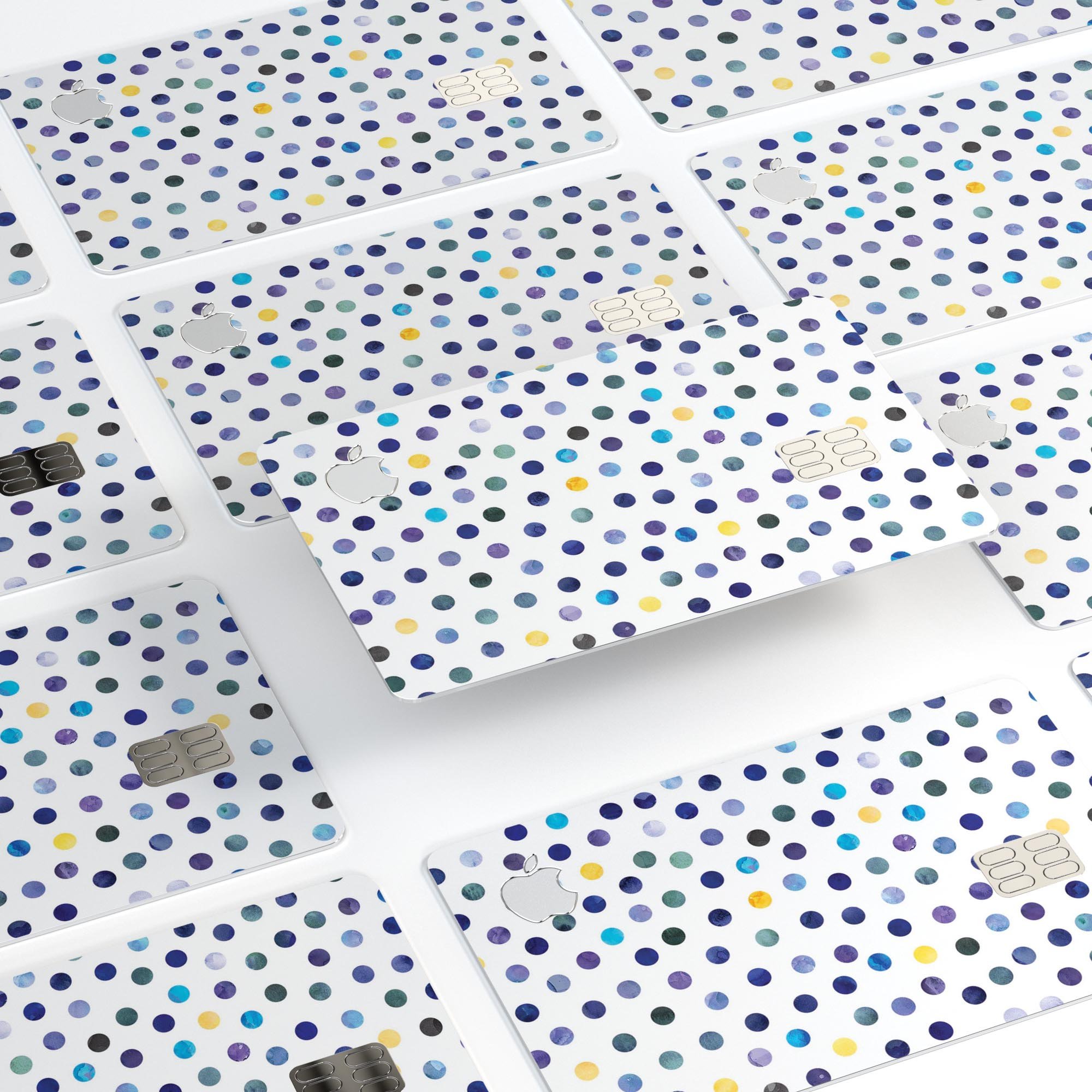 Dark blue and yellow watercolor dots skin for Apple Card, showcasing a stylish design over a white background.