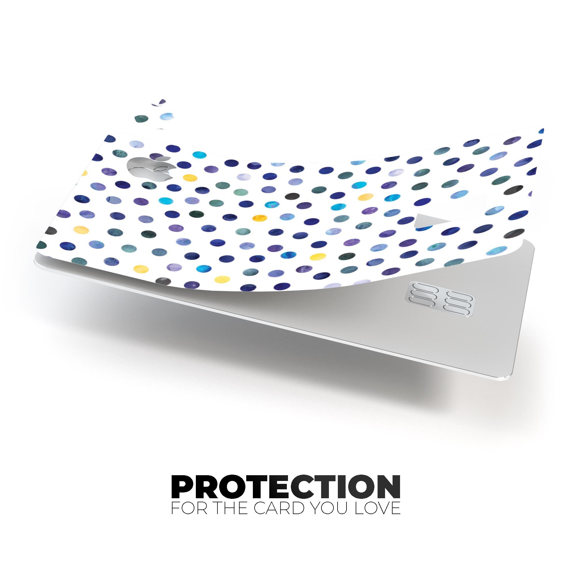 Dark blue and yellow watercolor dots skin for Apple Card, showcasing a stylish design over a white background.