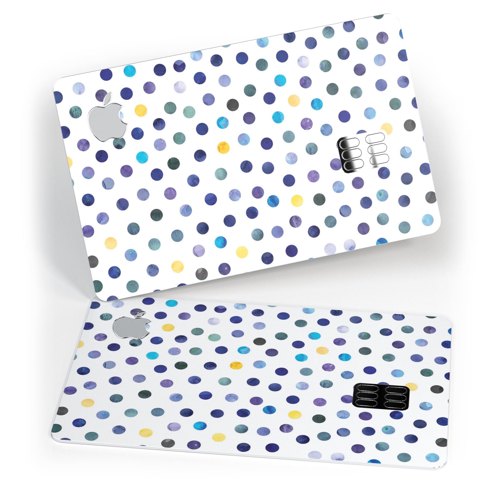 Dark blue and yellow watercolor dots skin for Apple Card, showcasing a stylish design over a white background.