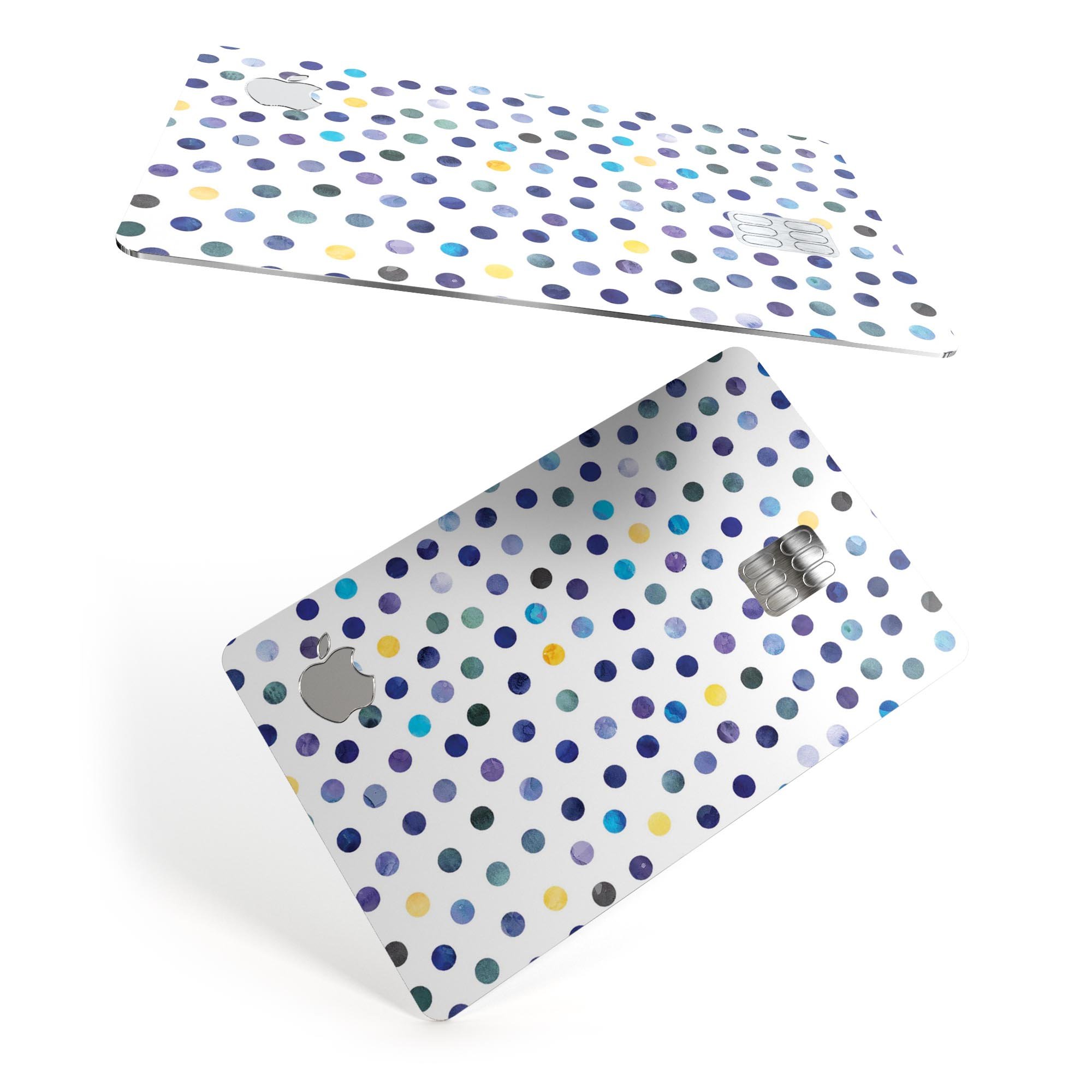 Dark blue and yellow watercolor dots skin for Apple Card, showcasing a stylish design over a white background.