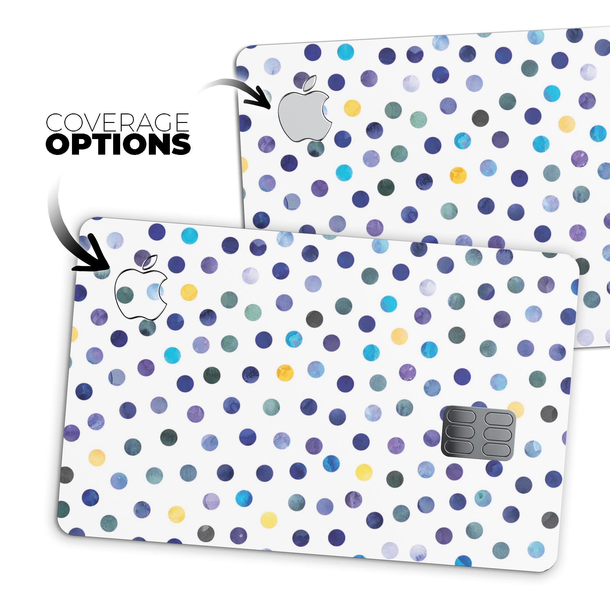 Dark blue and yellow watercolor dots skin for Apple Card, showcasing a stylish design over a white background.