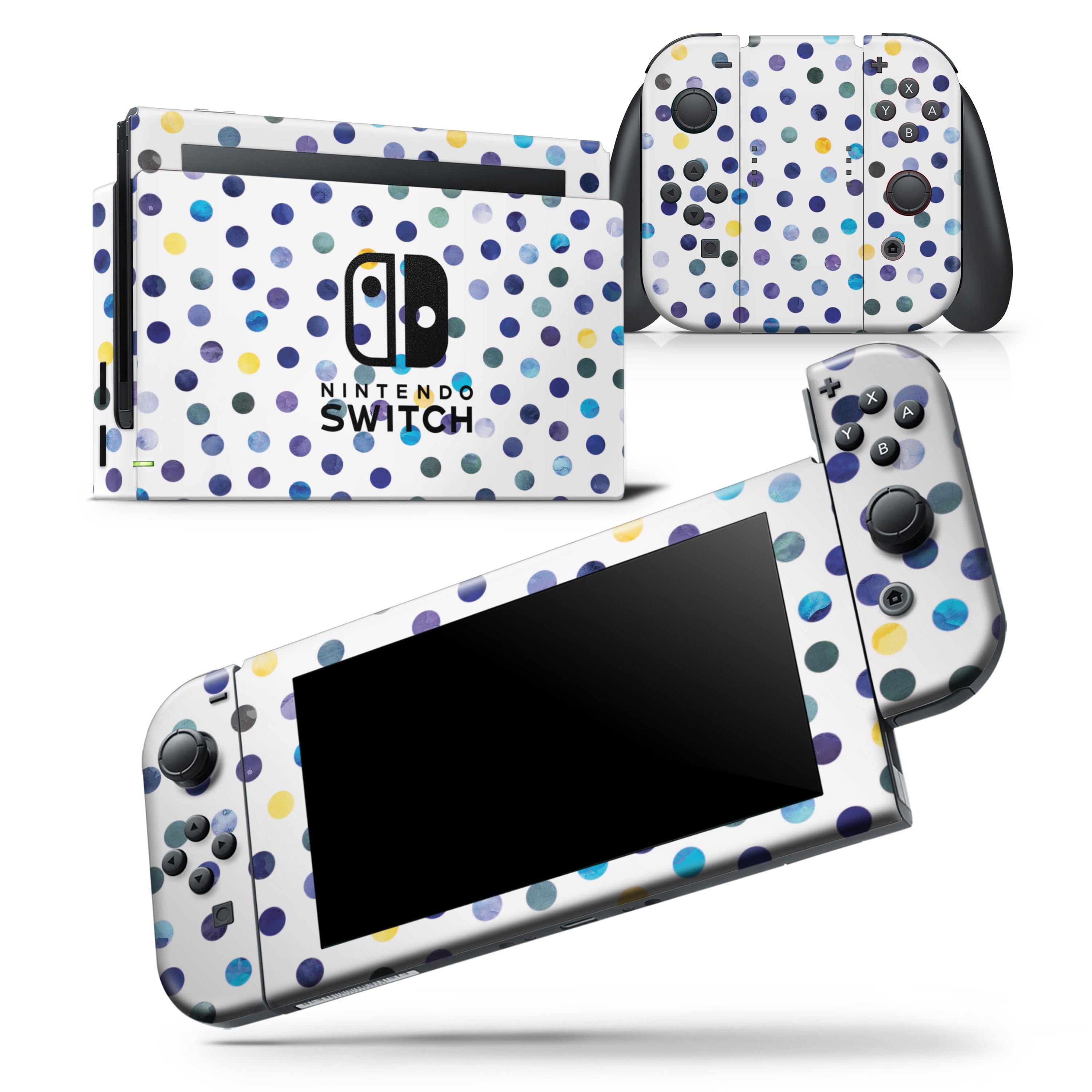 Dark blue and yellow watercolor dots skin wrap decal for Nintendo Switch, showcasing vibrant colors and a sleek design.