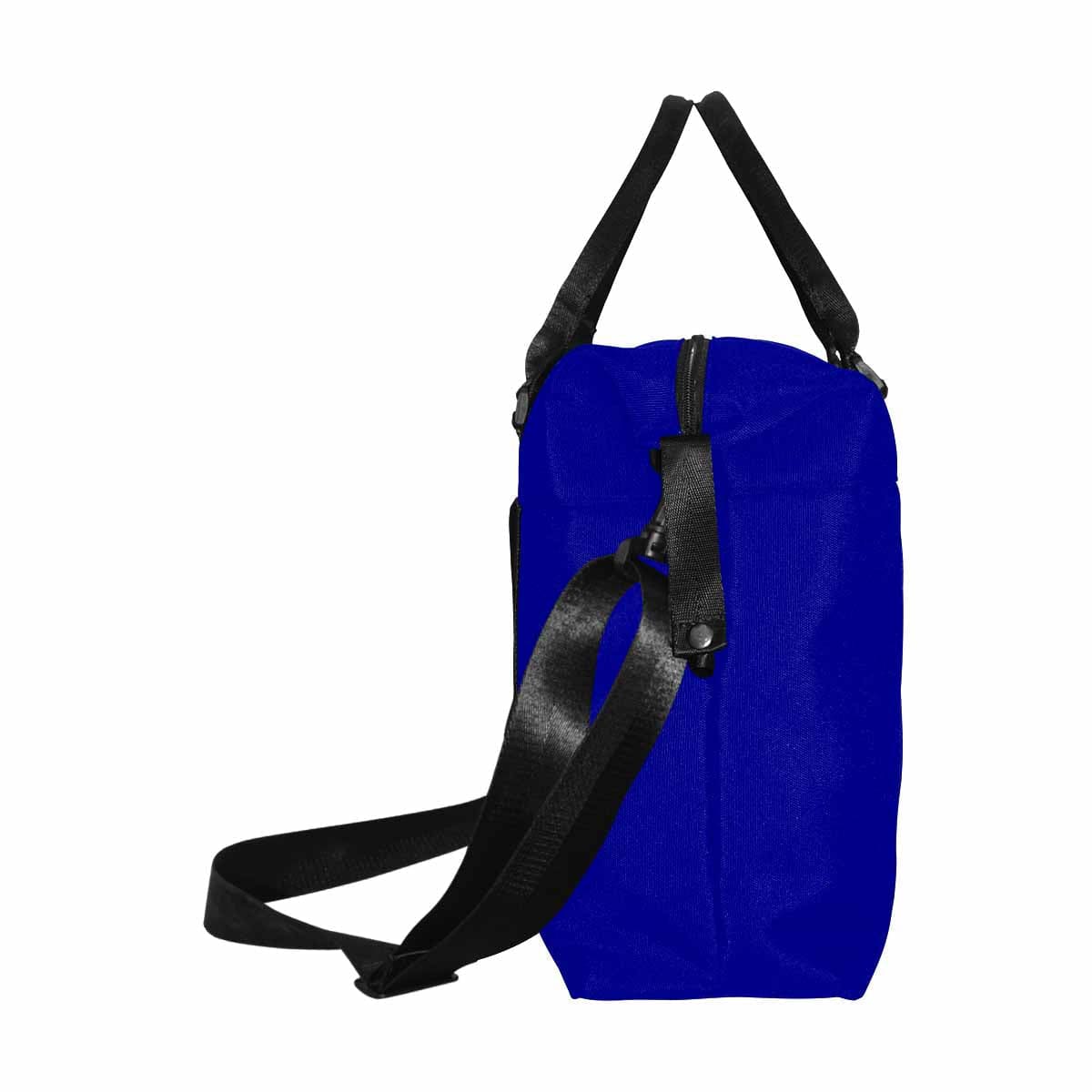 A large dark blue duffel bag made from durable oxford fabric, featuring handles and an adjustable strap, ideal for travel and gym use.