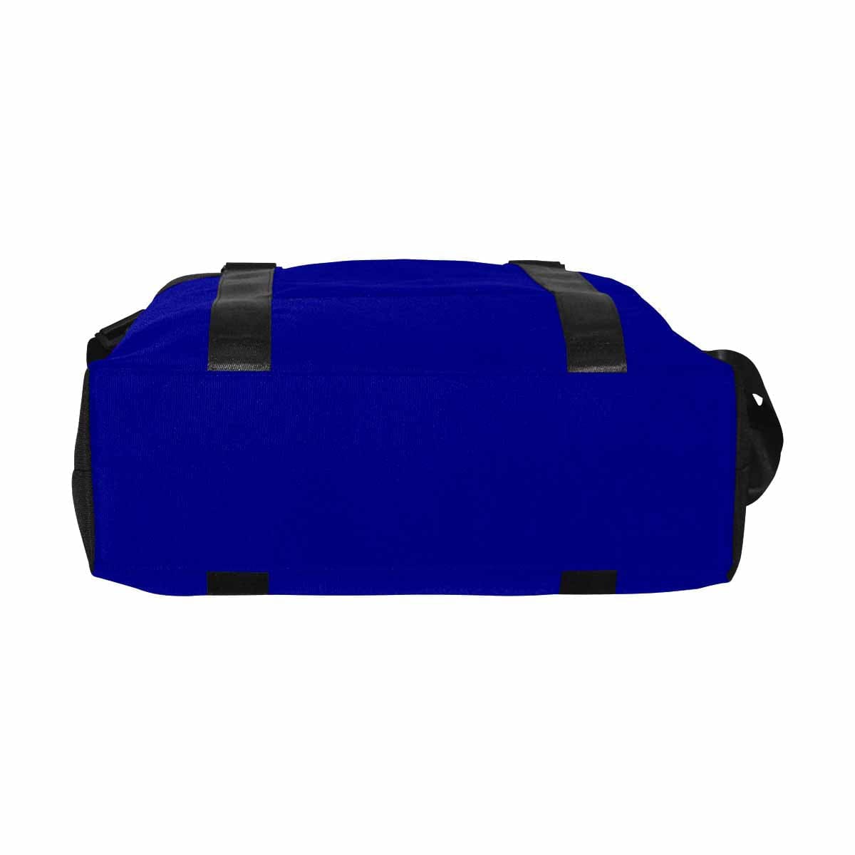 A large dark blue duffel bag made from durable oxford fabric, featuring handles and an adjustable strap, ideal for travel and gym use.