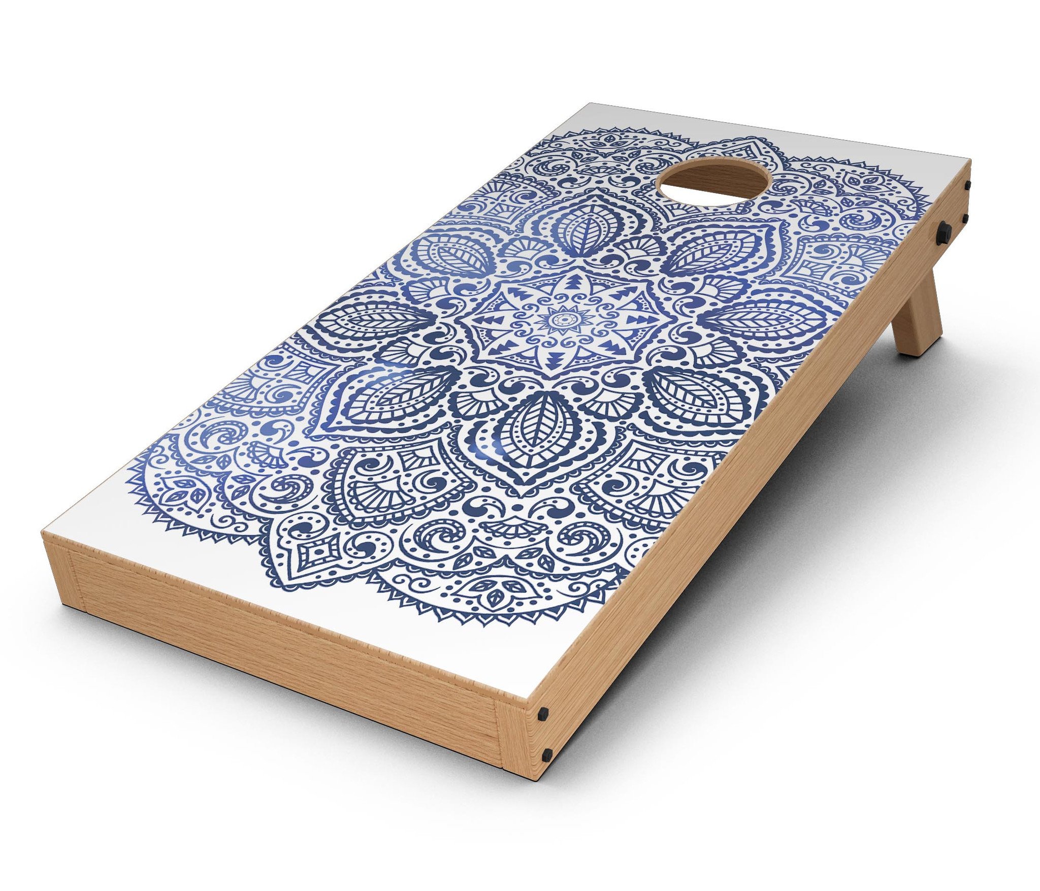 Dark Blue Indian Ornament Cornhole Board Skin Decal Kit showcasing a vibrant design for stylish game boards.