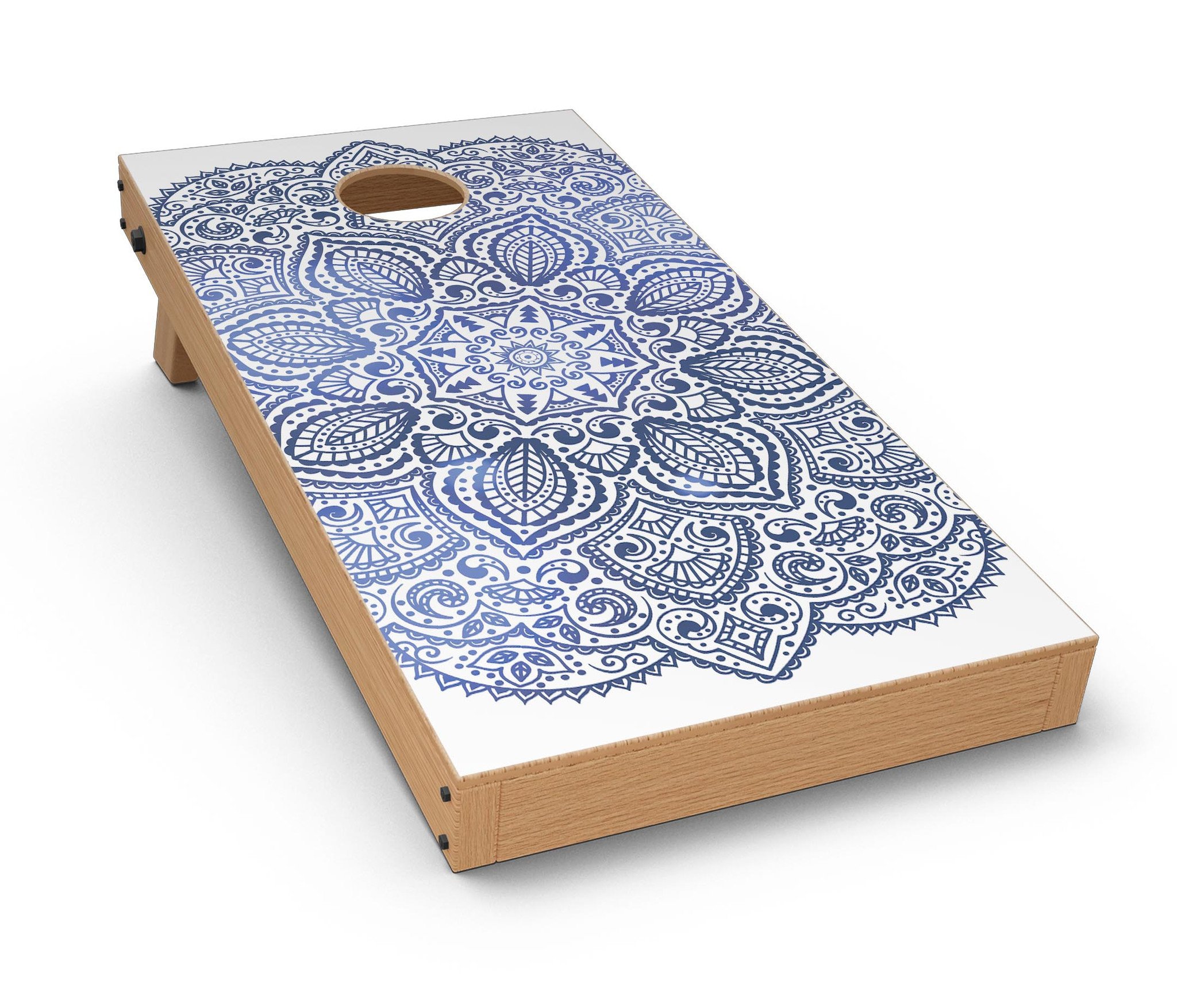 Dark Blue Indian Ornament Cornhole Board Skin Decal Kit showcasing a vibrant design for stylish game boards.