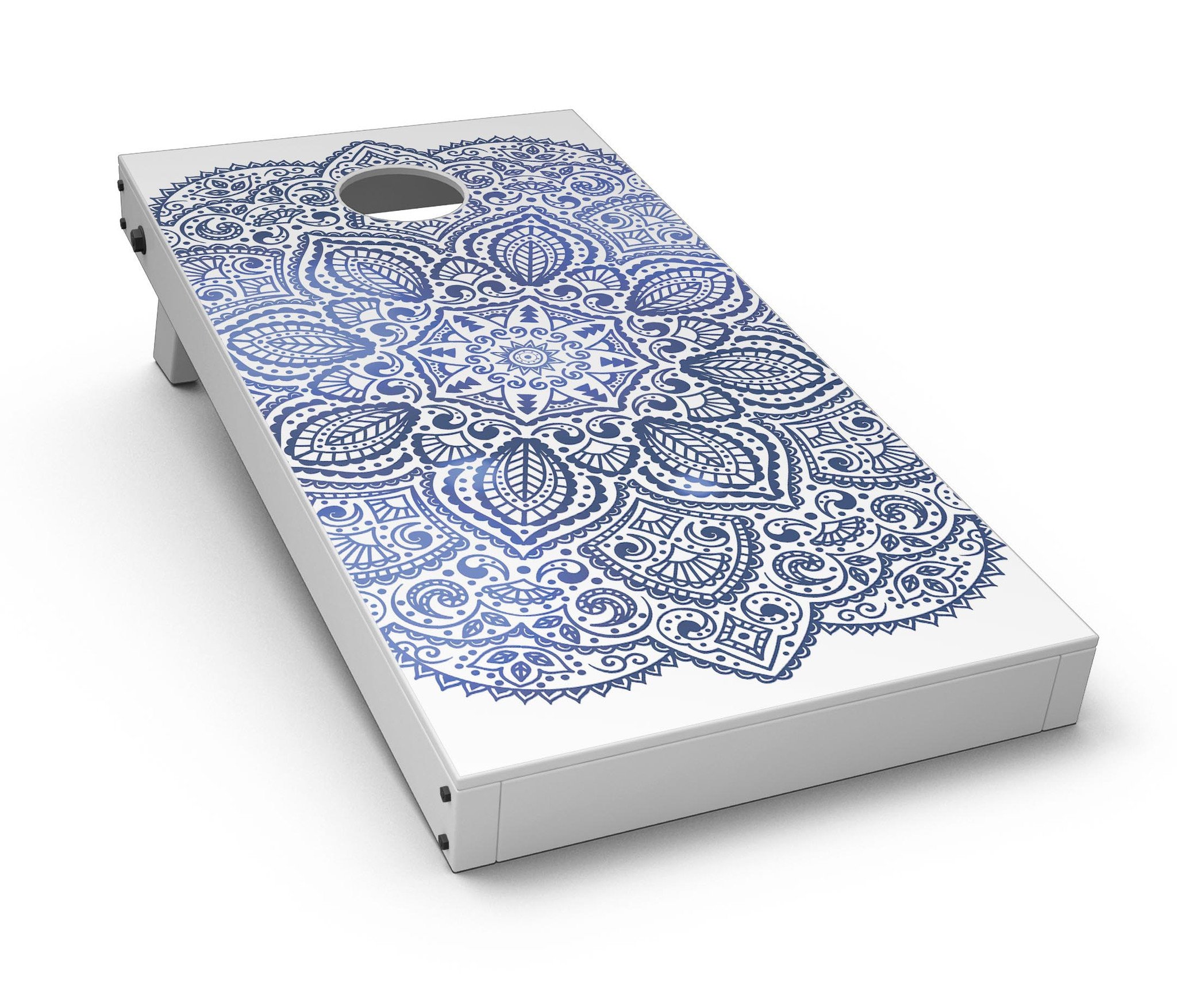 Dark Blue Indian Ornament Cornhole Board Skin Decal Kit showcasing a vibrant design for stylish game boards.