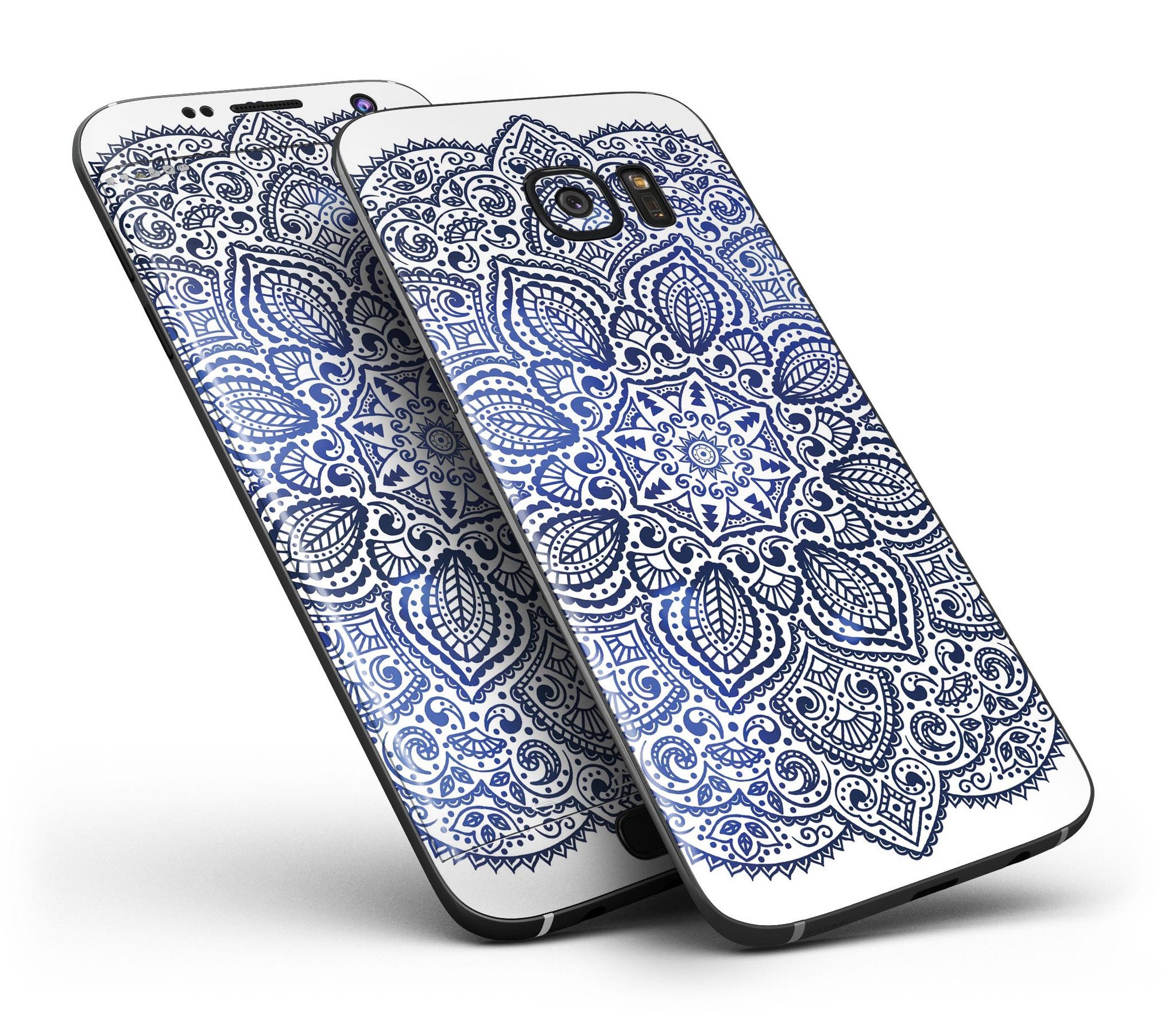 Dark Blue Indian Ornament skin kit for Samsung Galaxy S7 and S7 Edge, showcasing vibrant design and premium vinyl material.