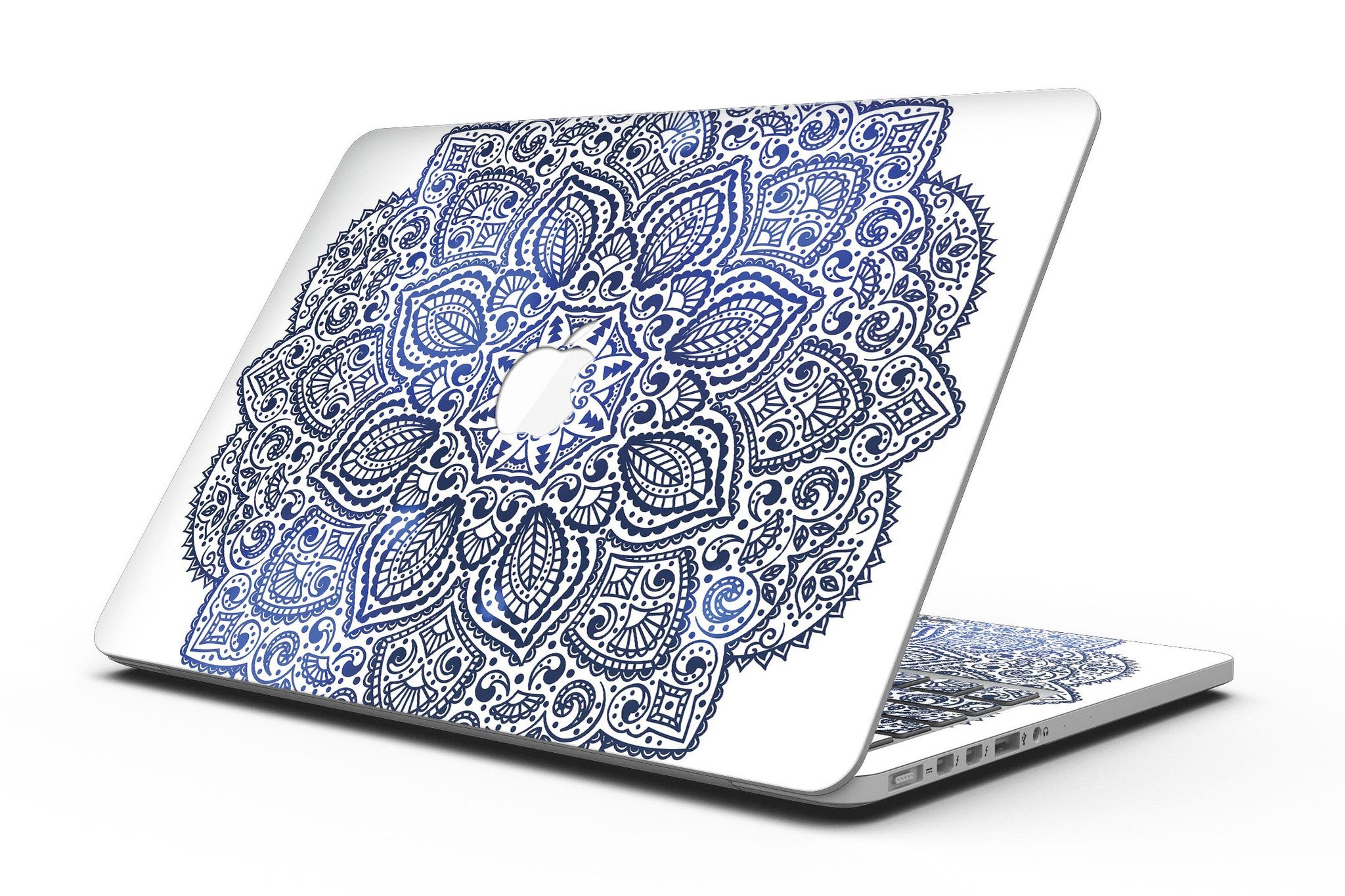 Dark Blue Indian Ornament skin for MacBook Pro with Retina Display, showcasing intricate patterns and vibrant colors.