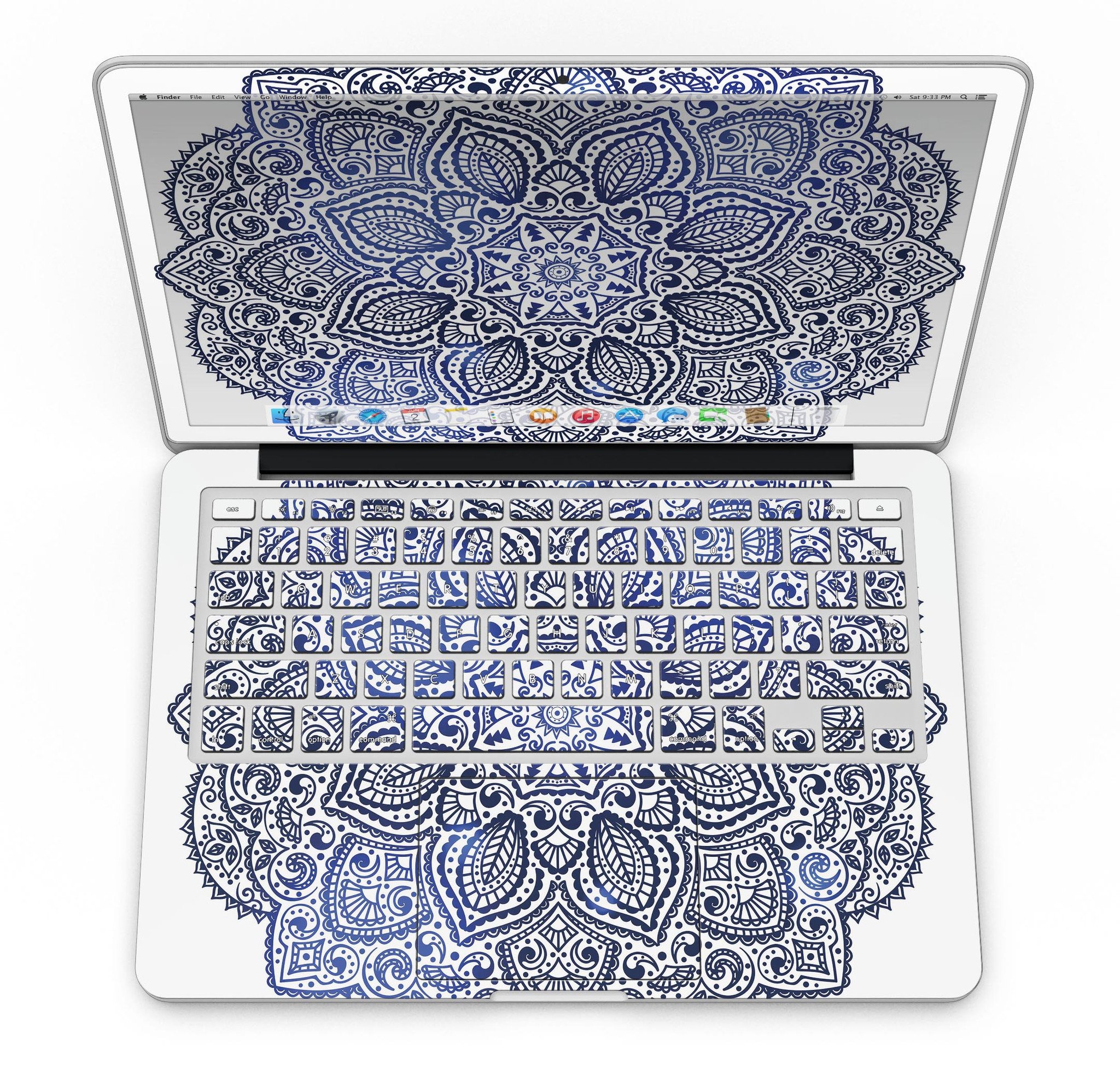 Dark Blue Indian Ornament skin for MacBook Pro with Retina Display, showcasing intricate patterns and vibrant colors.