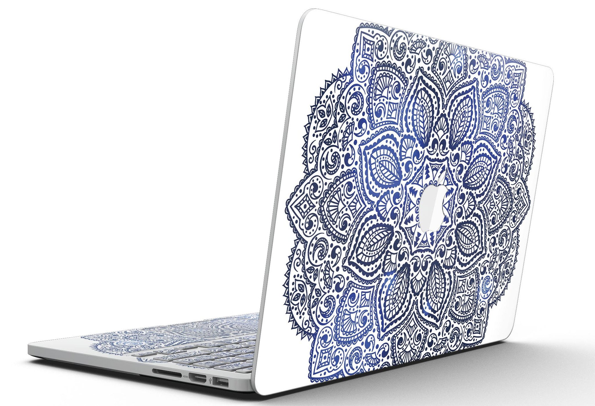 Dark Blue Indian Ornament skin for MacBook Pro with Retina Display, showcasing intricate patterns and vibrant colors.