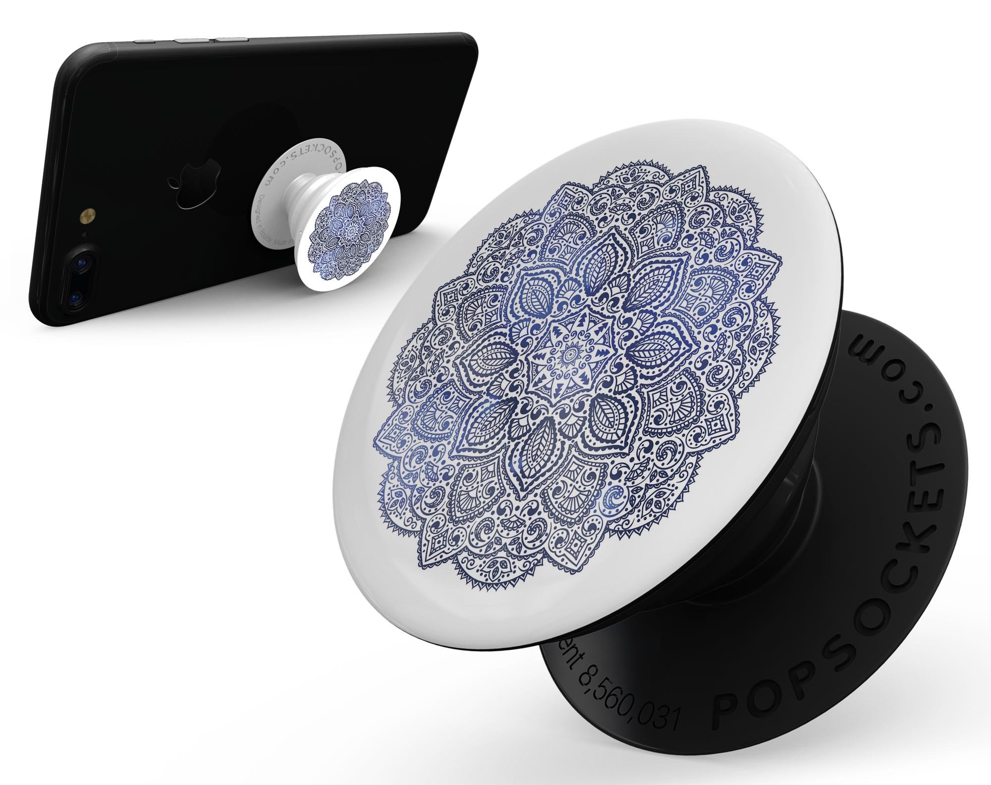 Dark Blue Indian Ornament Skin Kit for PopSockets featuring intricate patterns and vibrant colors on a premium vinyl material.